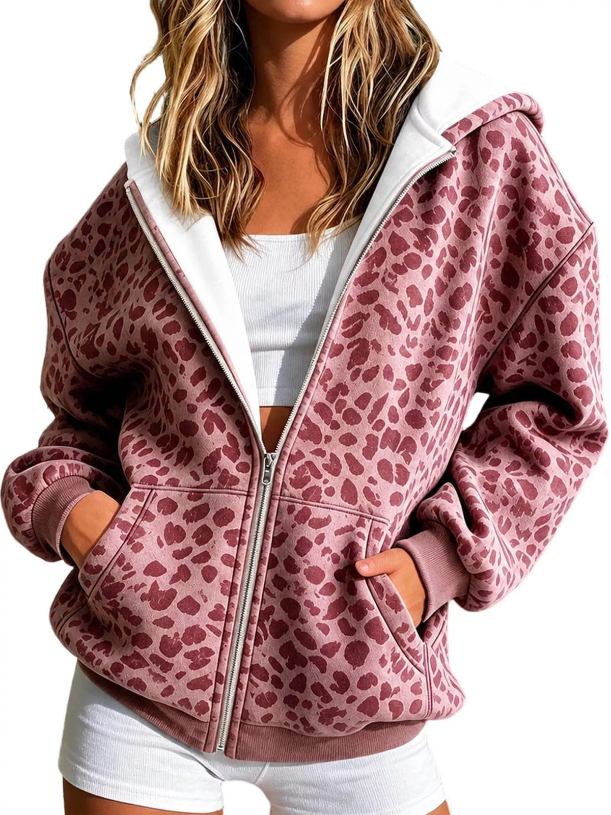Full Size Leopard Zip Up Hoodie Plus Size