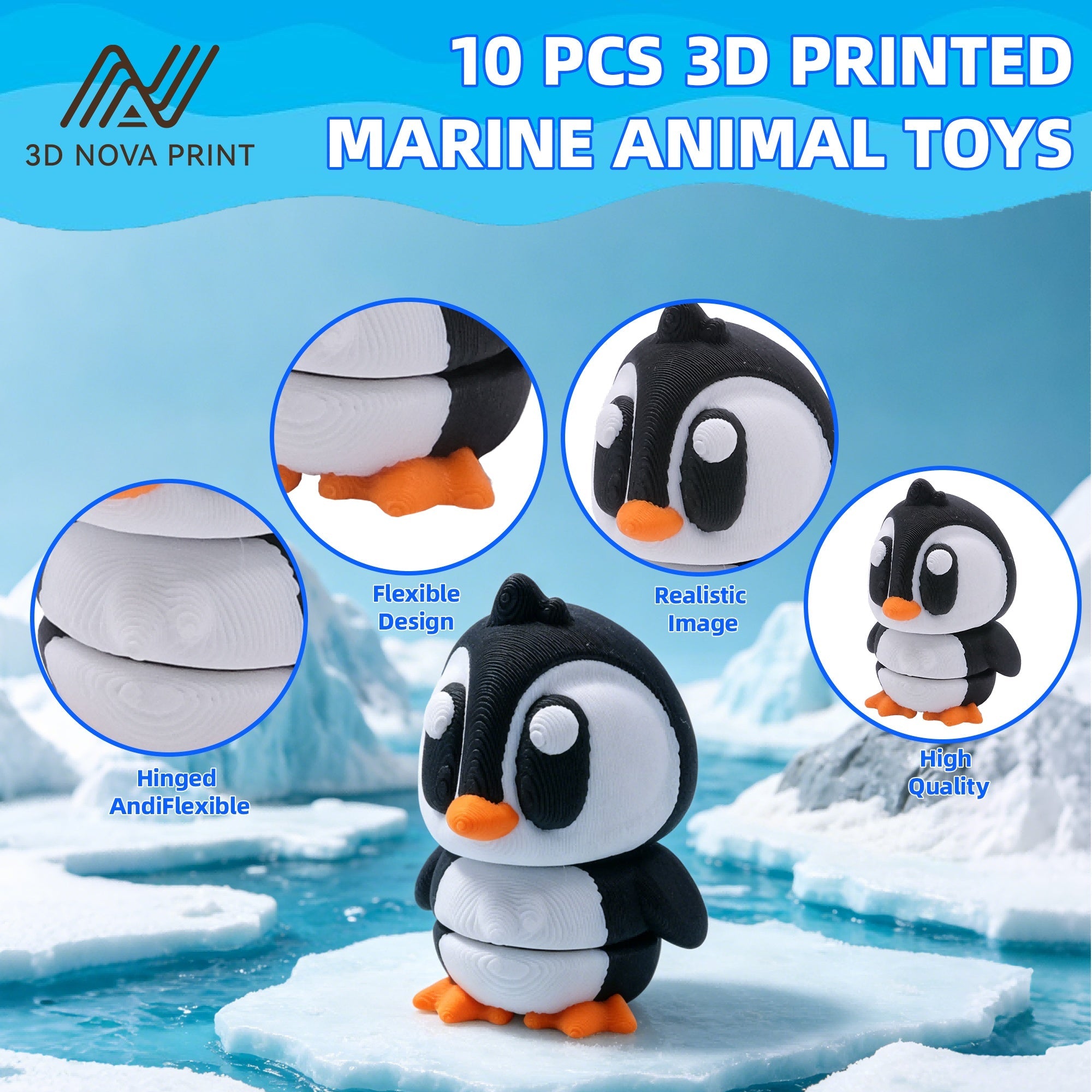 10PCS 3D Printed Mini Ocean Animal Figures Set
