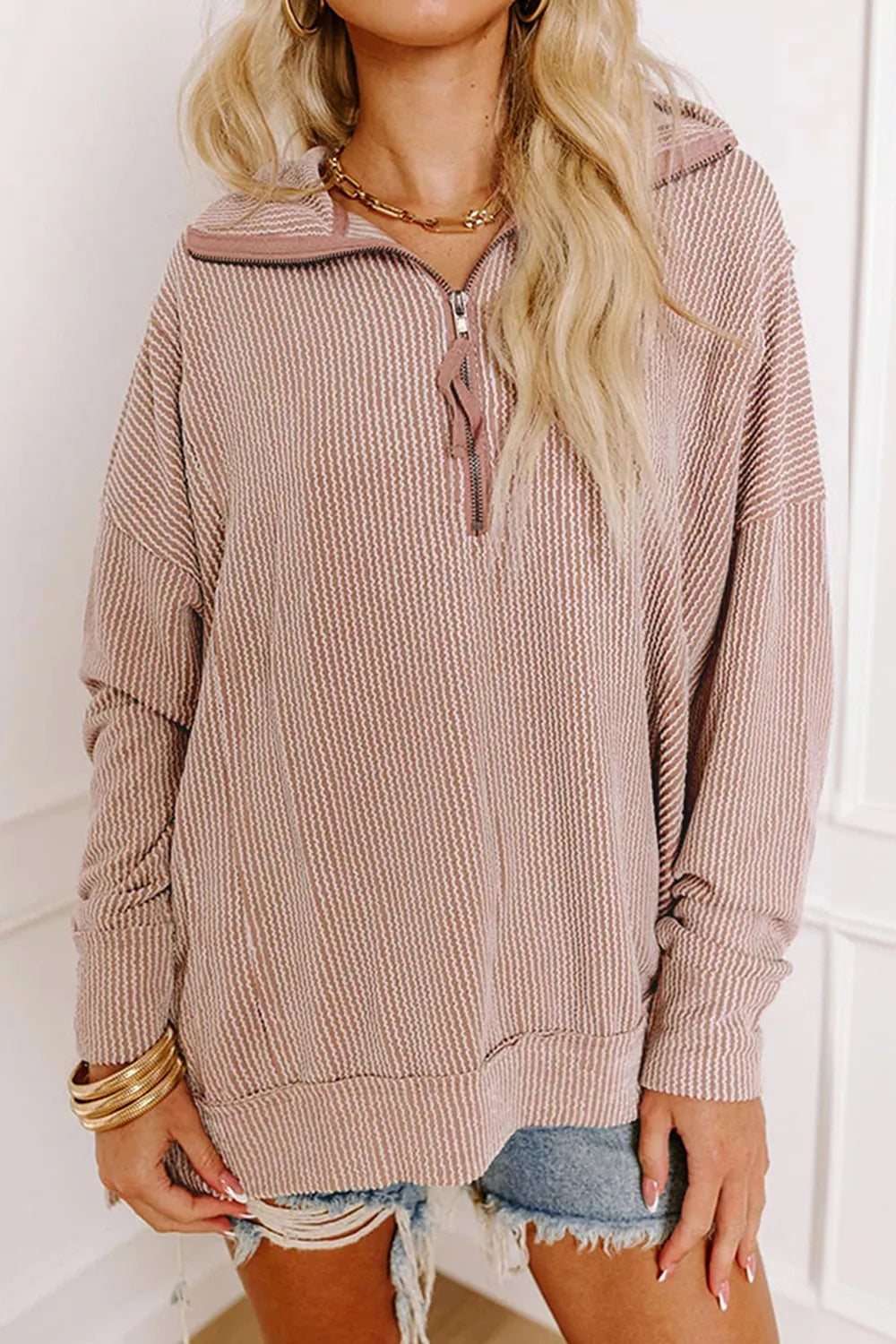 Twist Ribbed Zipper Collar Drop Shoulder Long Sleeve Top