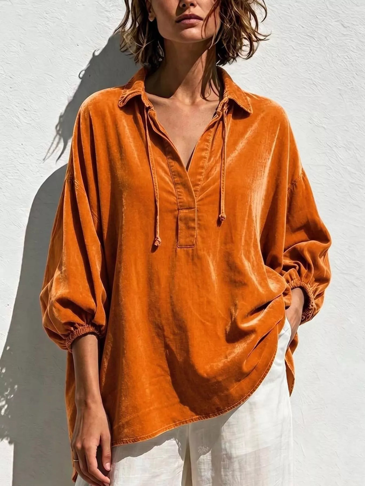 Full Size Oversized Velvet Collared Neck Drawstring Blouse Plus Size