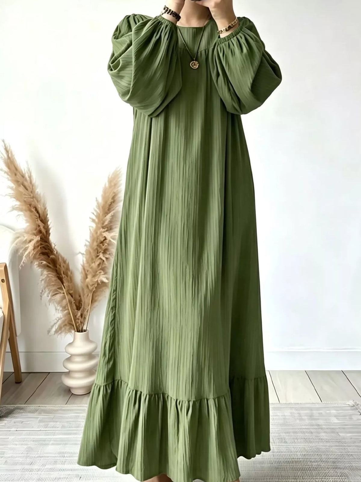 Full Size Textured Puff-Sleeve Maxi Dress Plus Size