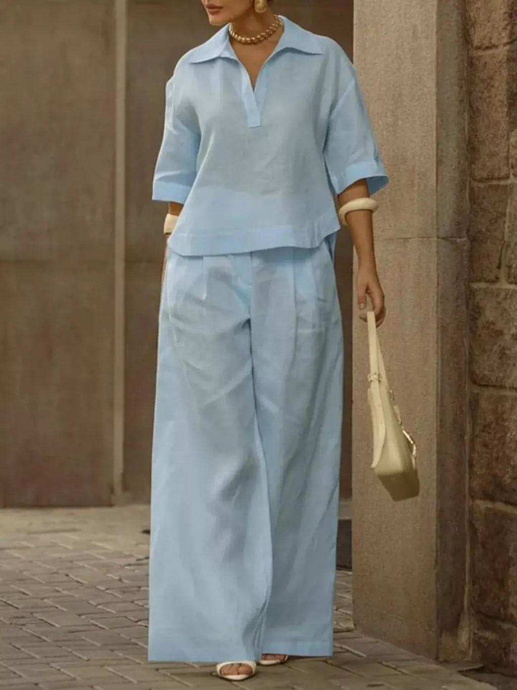 Full Size 3/4 Sleeve Top and Wide Leg Pants Set Plus Size
