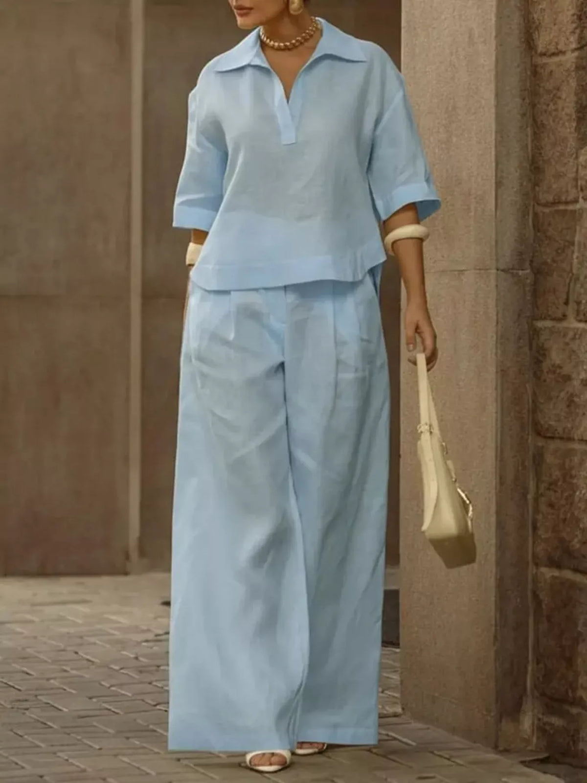 Full Size 3/4 Sleeve Top and Wide Leg Pants Set Plus Size