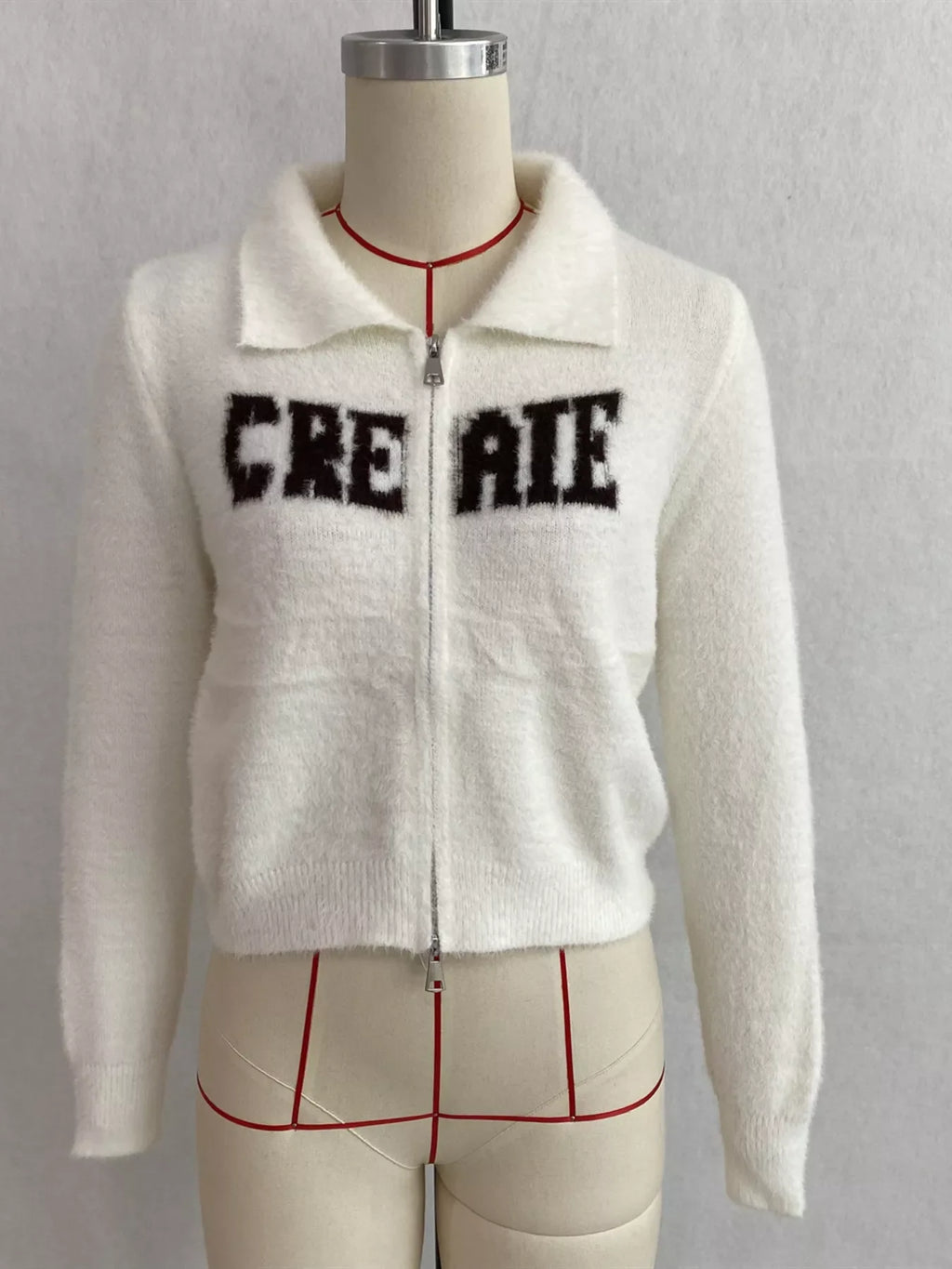 Fuzzy Letter Zip-Up Cardigan