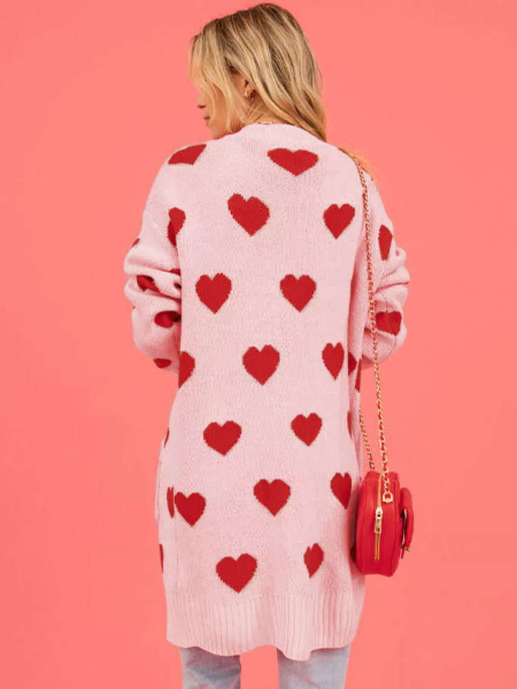 Heart Pattern Open Front Longline Cardigan