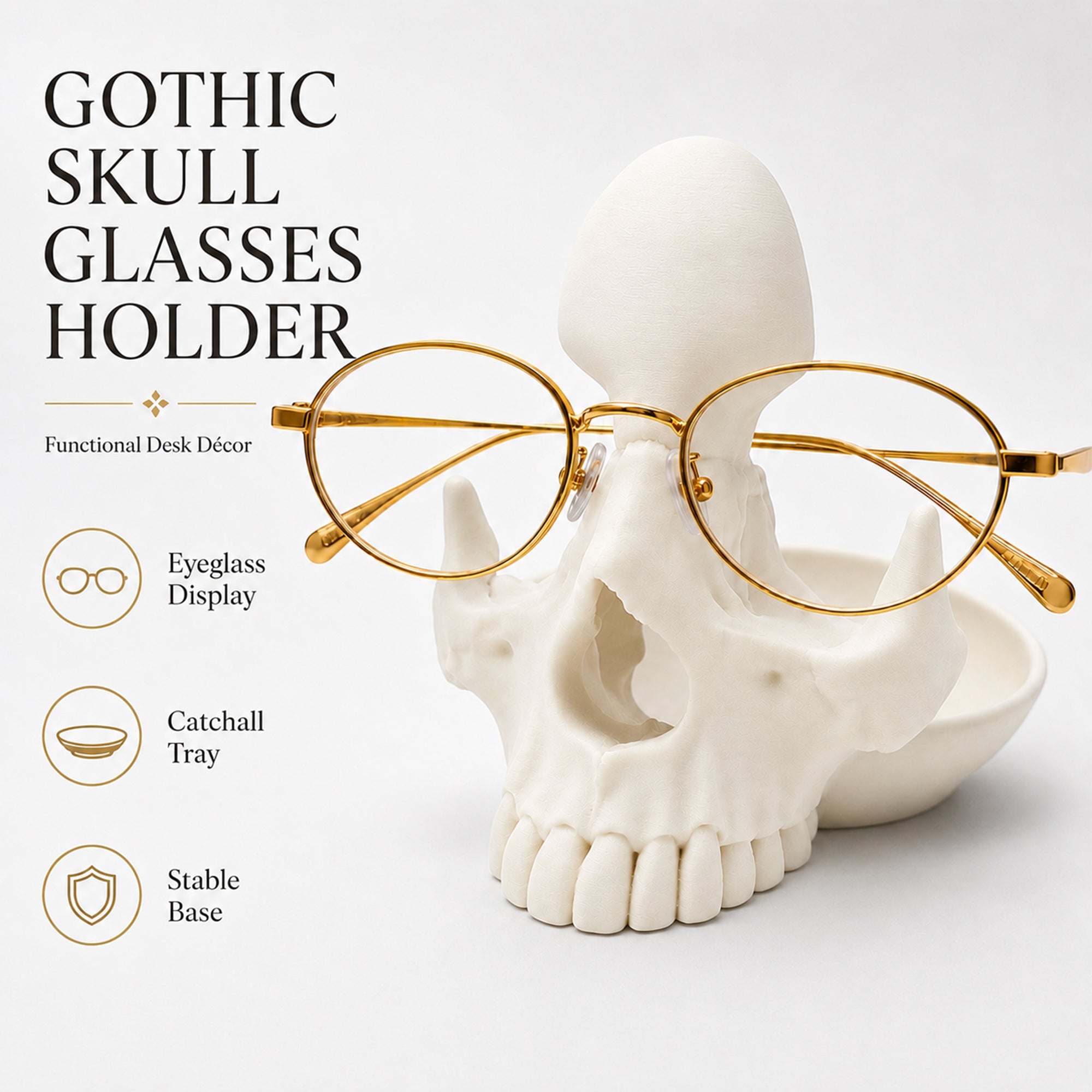 3D Printed Gothic Skull Eyeglasses Holder With Catchall Tray Desk Organizer