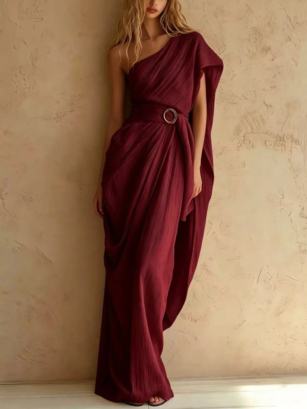 One-Shoulder Draped Maxi Dress with Waist Buckle