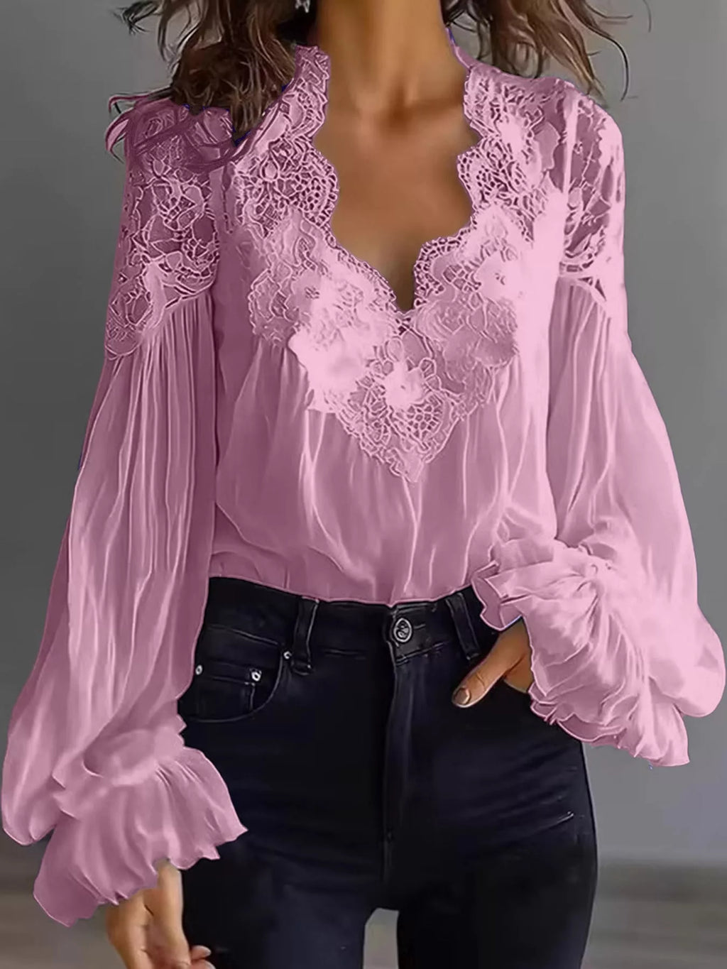 Full Size Lace V-Neck Flounce Sleeve Blouse Plus Size