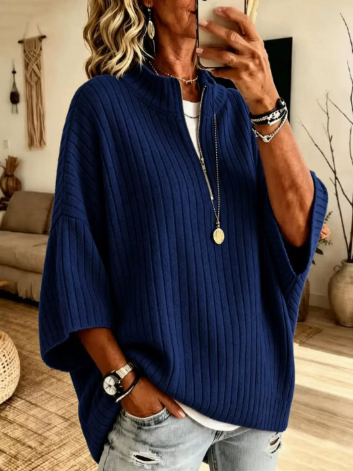 Half-Zip Ribbed Knit Top