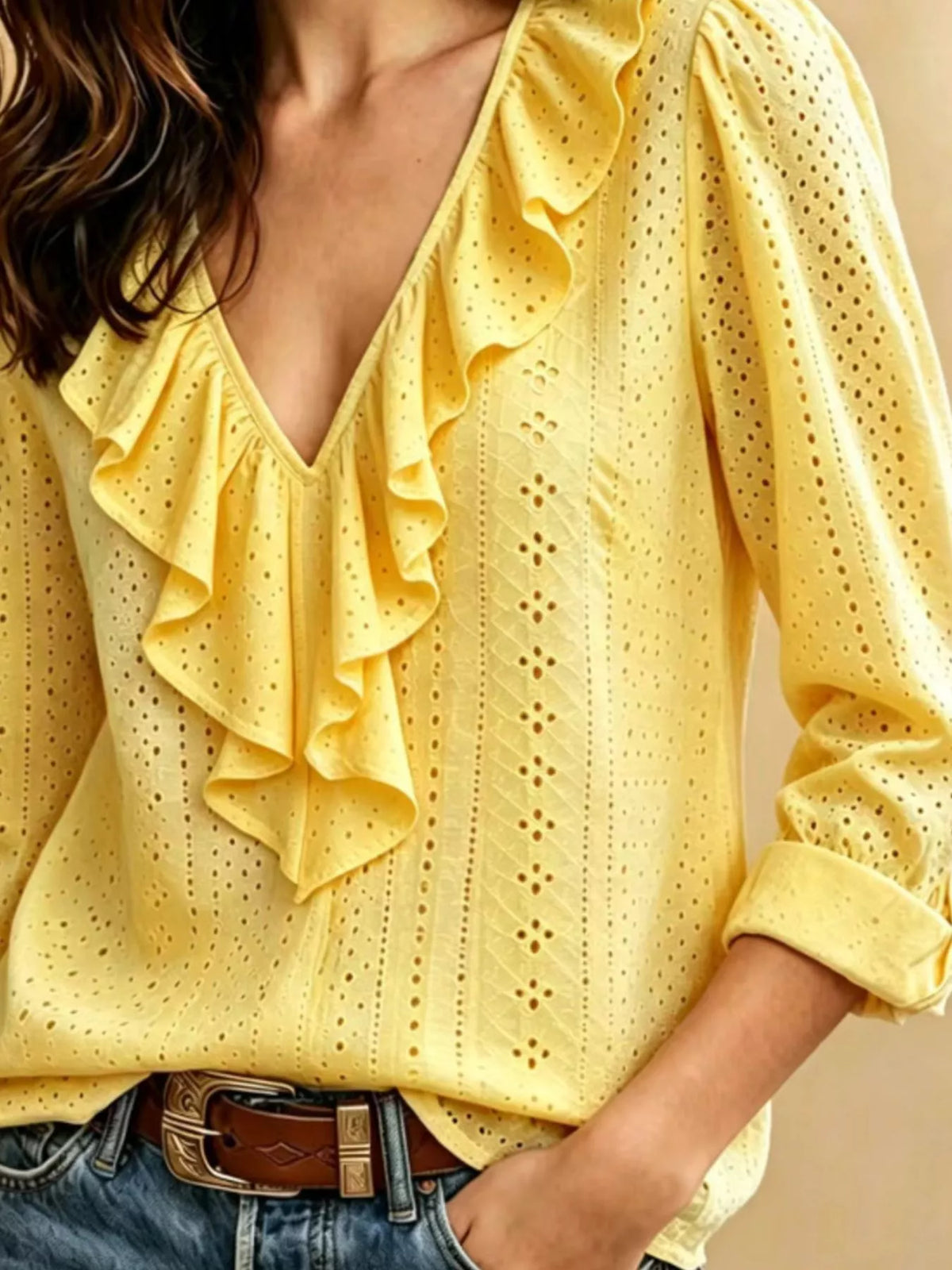 Eyelet Ruffle V-Neck Blouse