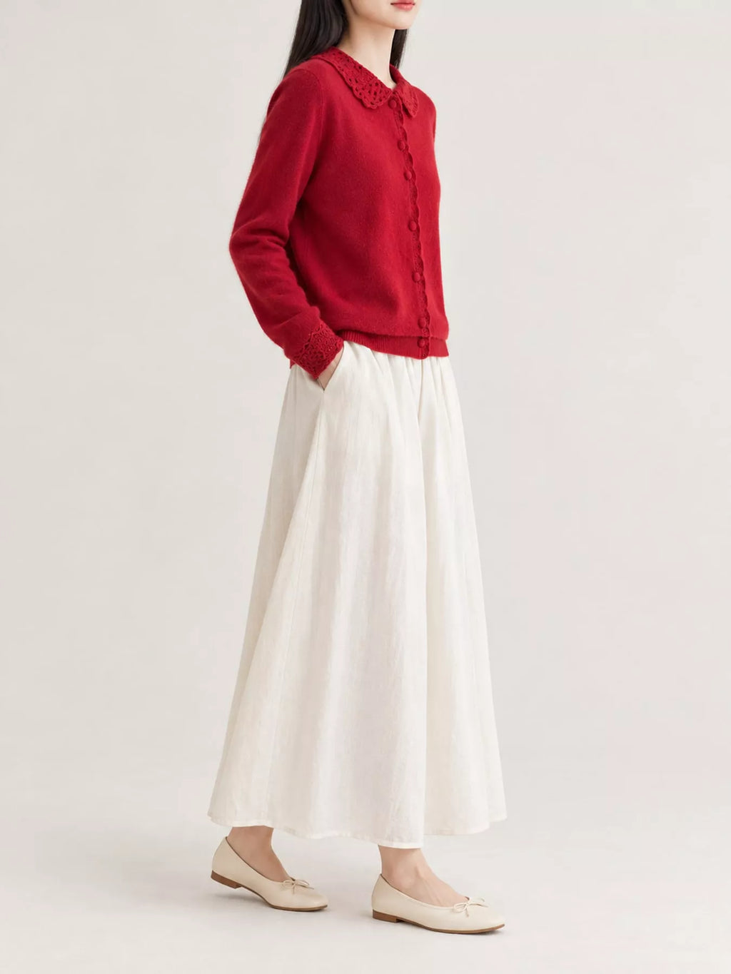 Lace-Collar Button Down Knit Cardigan