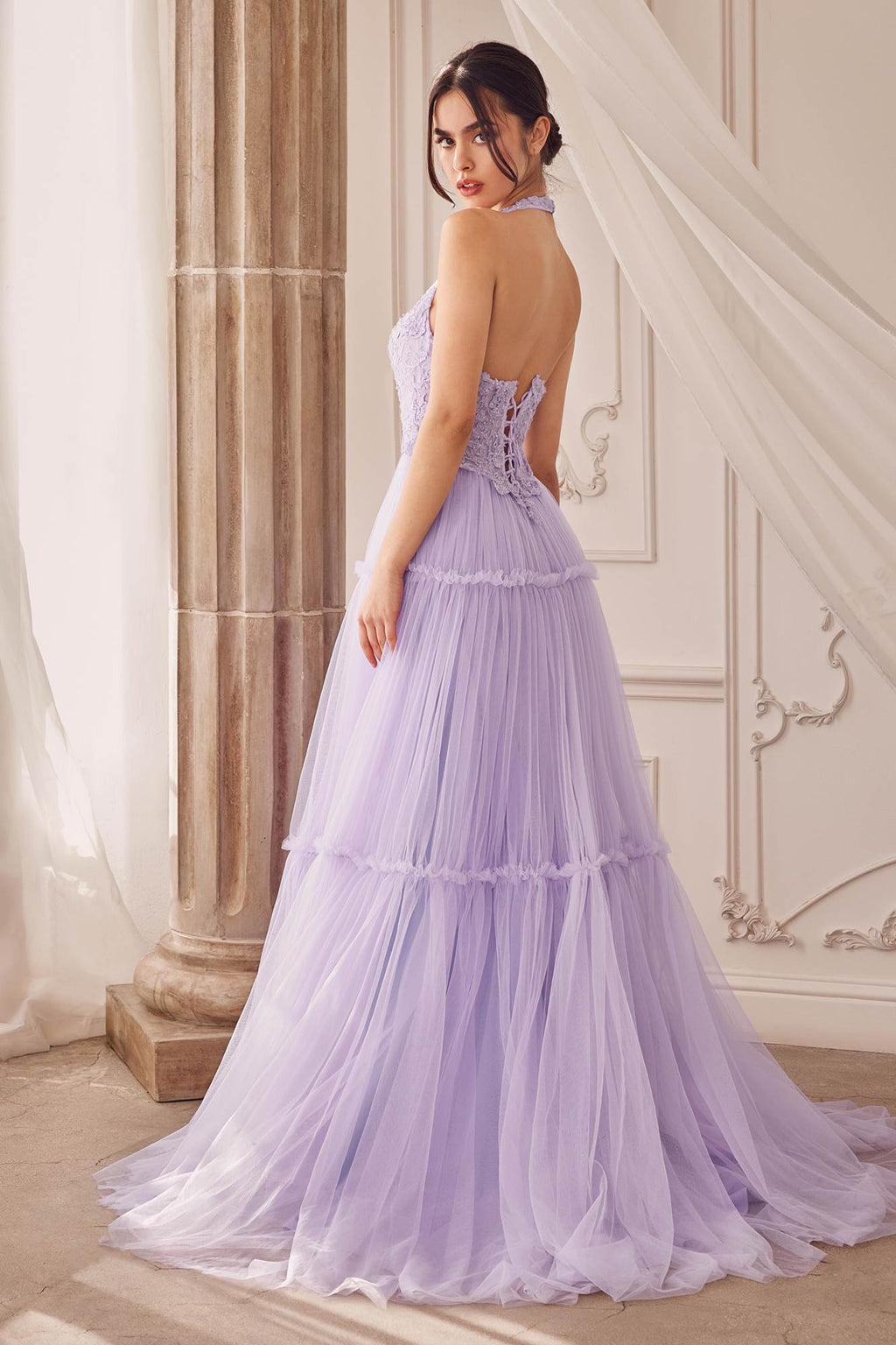 Andrea & Leo A1206 Long A-Line Garden Lace Halter Gown With Tier Skirt