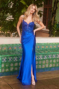 Nox Anabel A1590 Figure-Flattering Satin Prom Dress Front Slit
