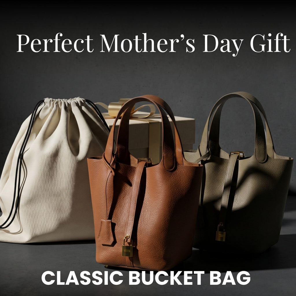 Leather Bucket Bag with Drawstring Pouch – Leather Satchel, Everyday Handbag with Mini Lock Design