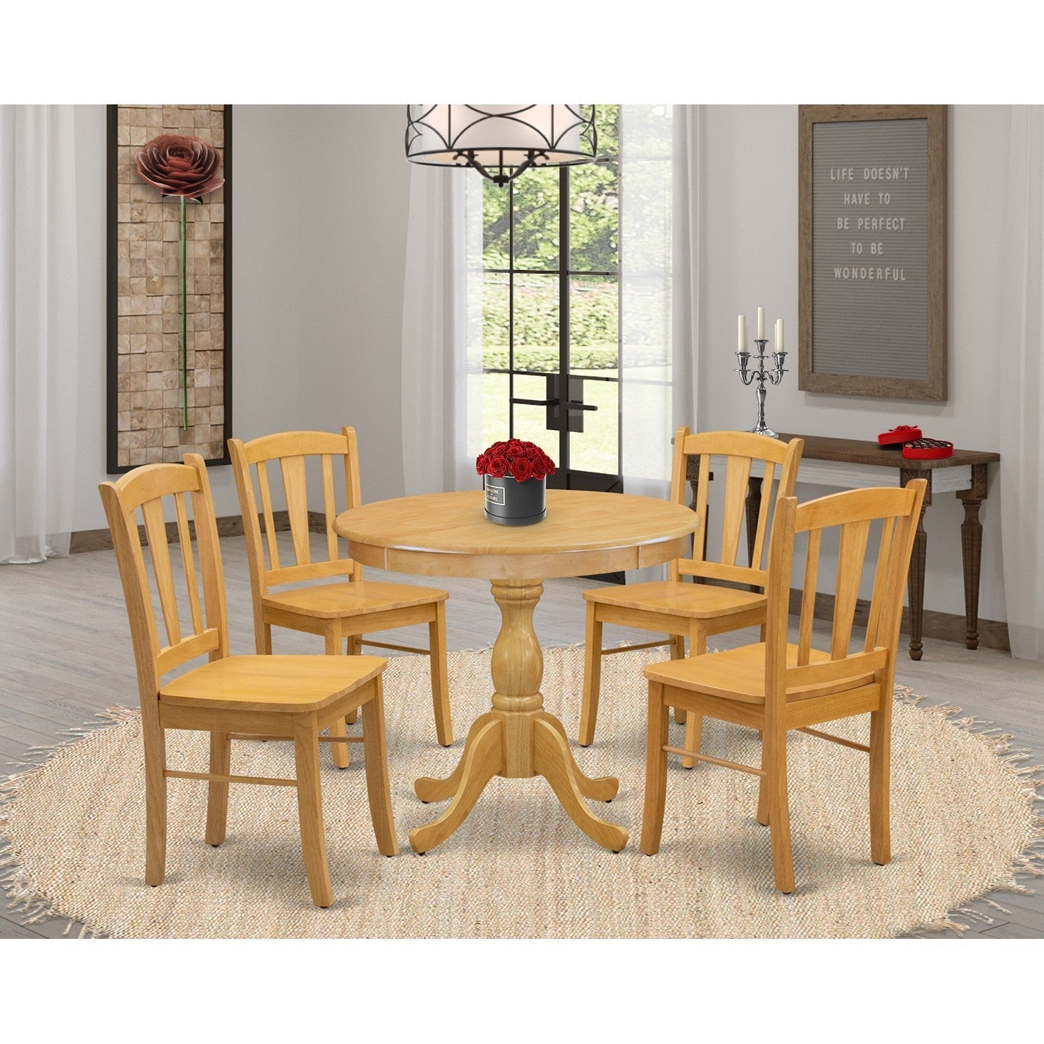 EAST WEST FURNITURE - AMDL5-OAK-W - 5-Piece Dining Room Table Set- 4 dining room chairs and Kitchen Dining Table - Wooden Seat and Slatted Chair Back - Oak Finish