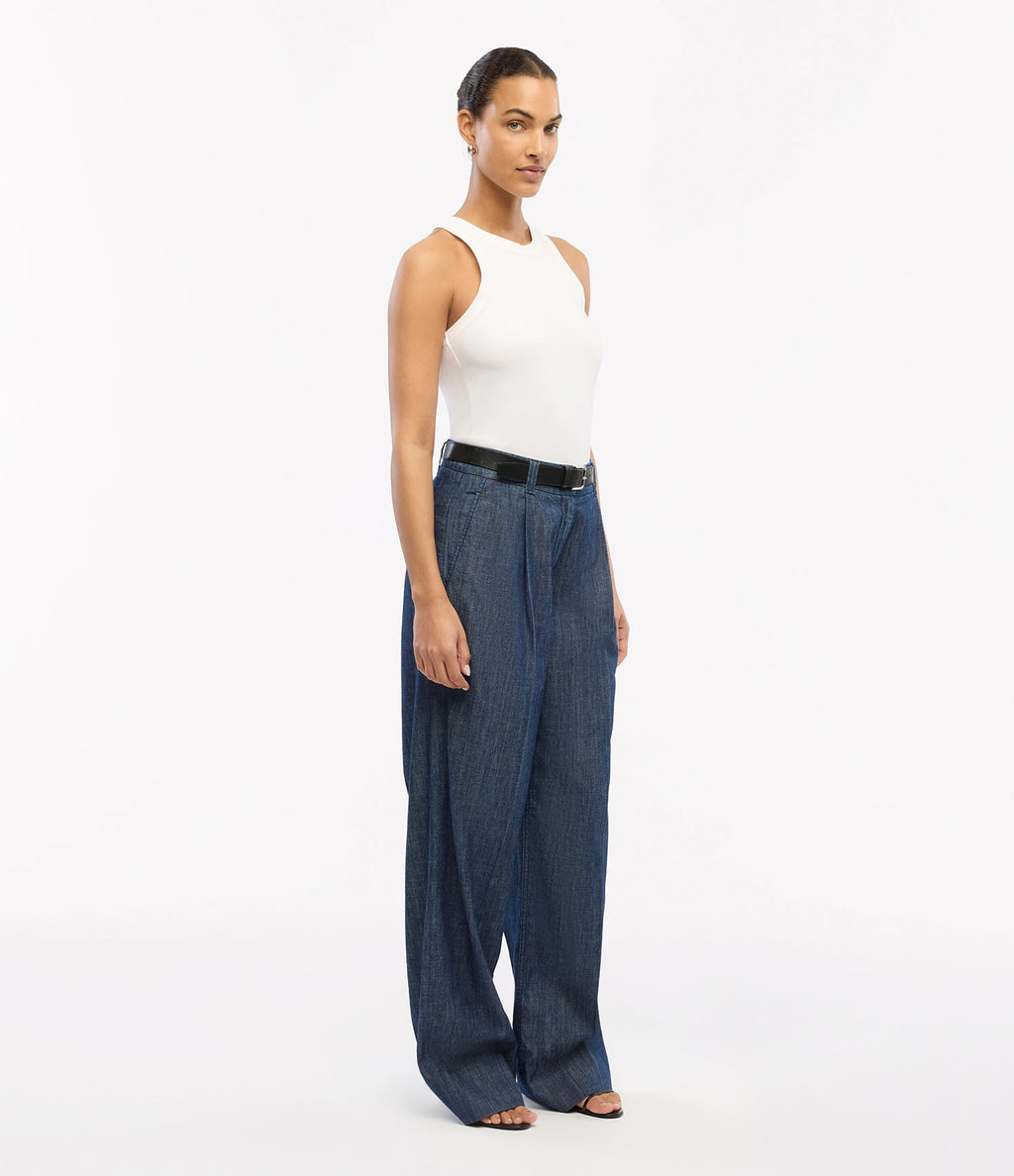Chambray Relaxed Wide Leg Pant | Dark Blue
