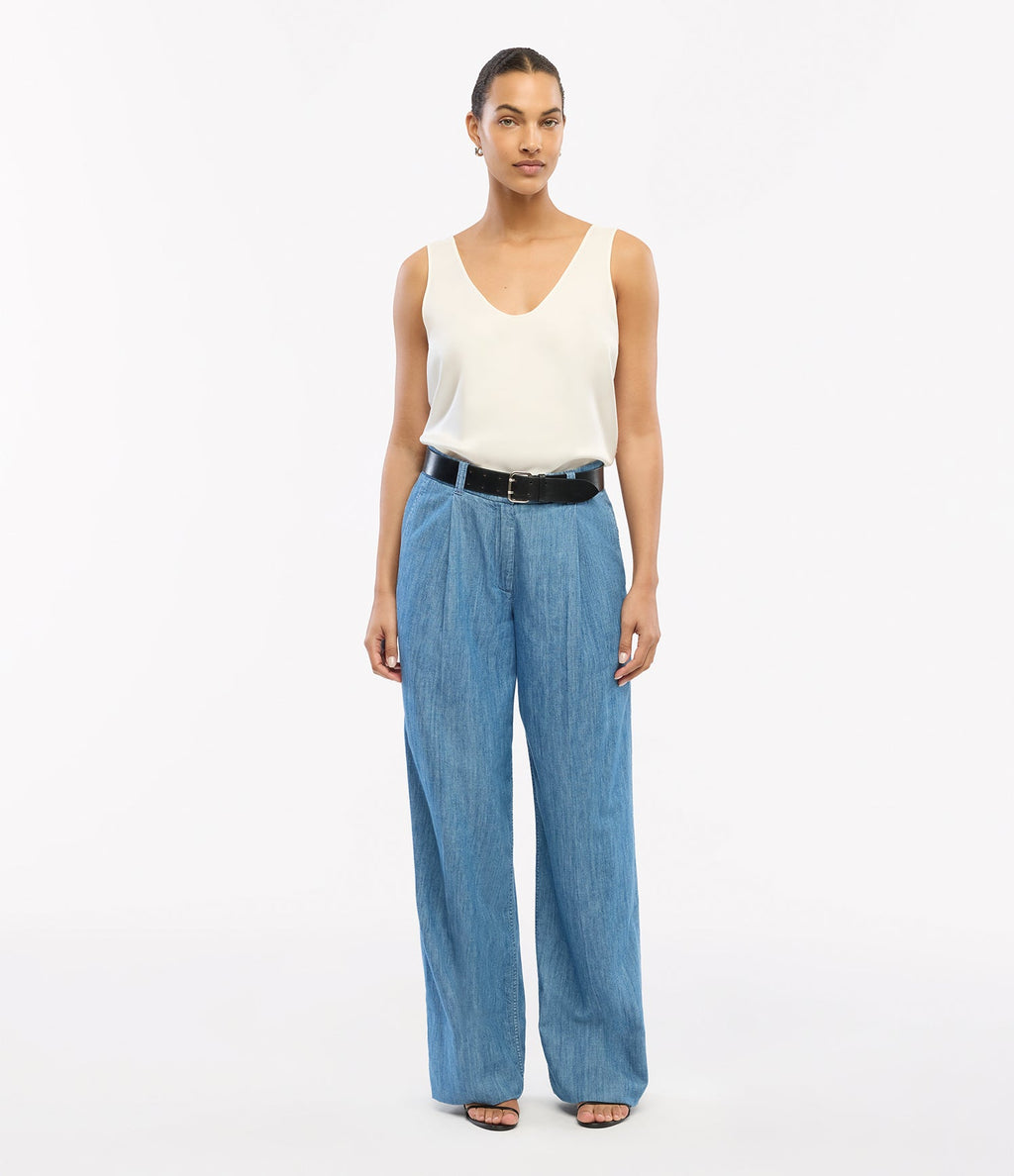 Chambray Relaxed Wide Leg Pant | Medium Blue