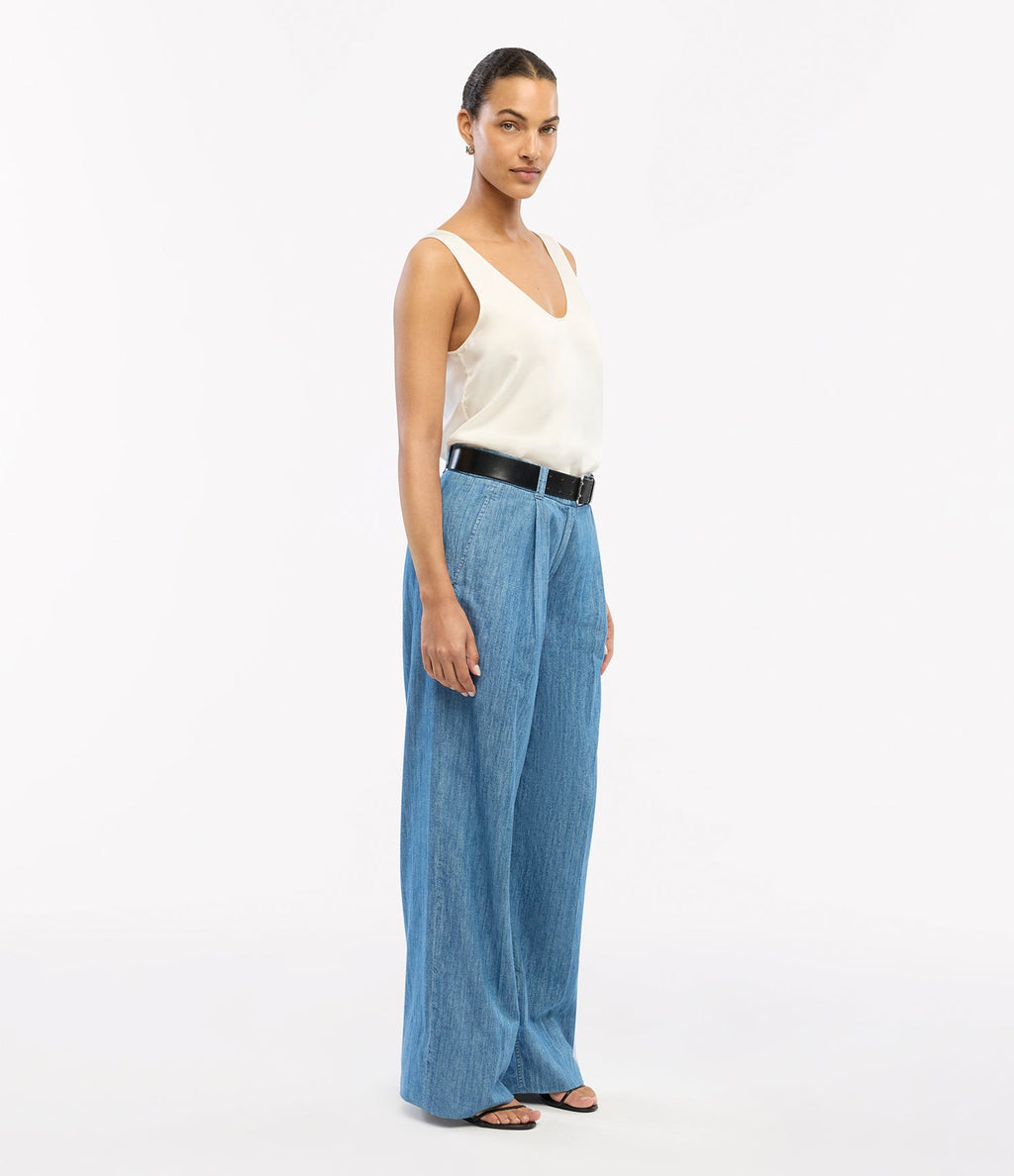 Chambray Relaxed Wide Leg Pant | Medium Blue