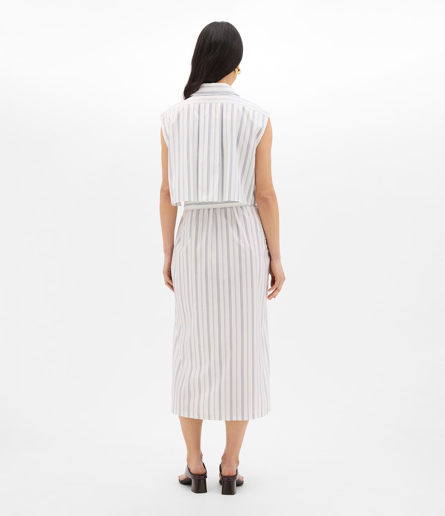 Sleeveless Pleat Back Tie Dress | White/Navy Stripe