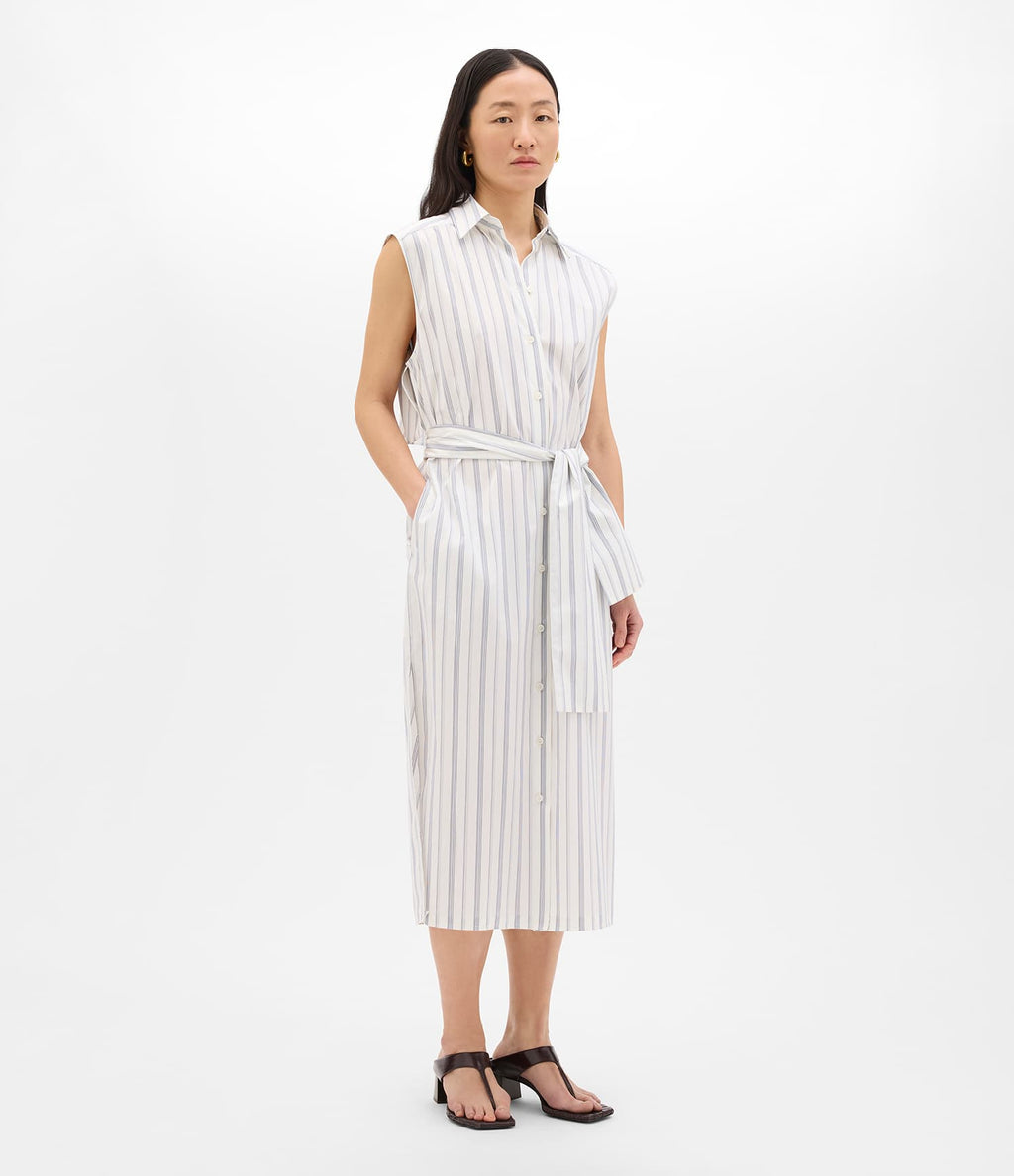 Sleeveless Pleat Back Tie Dress | White/Navy Stripe