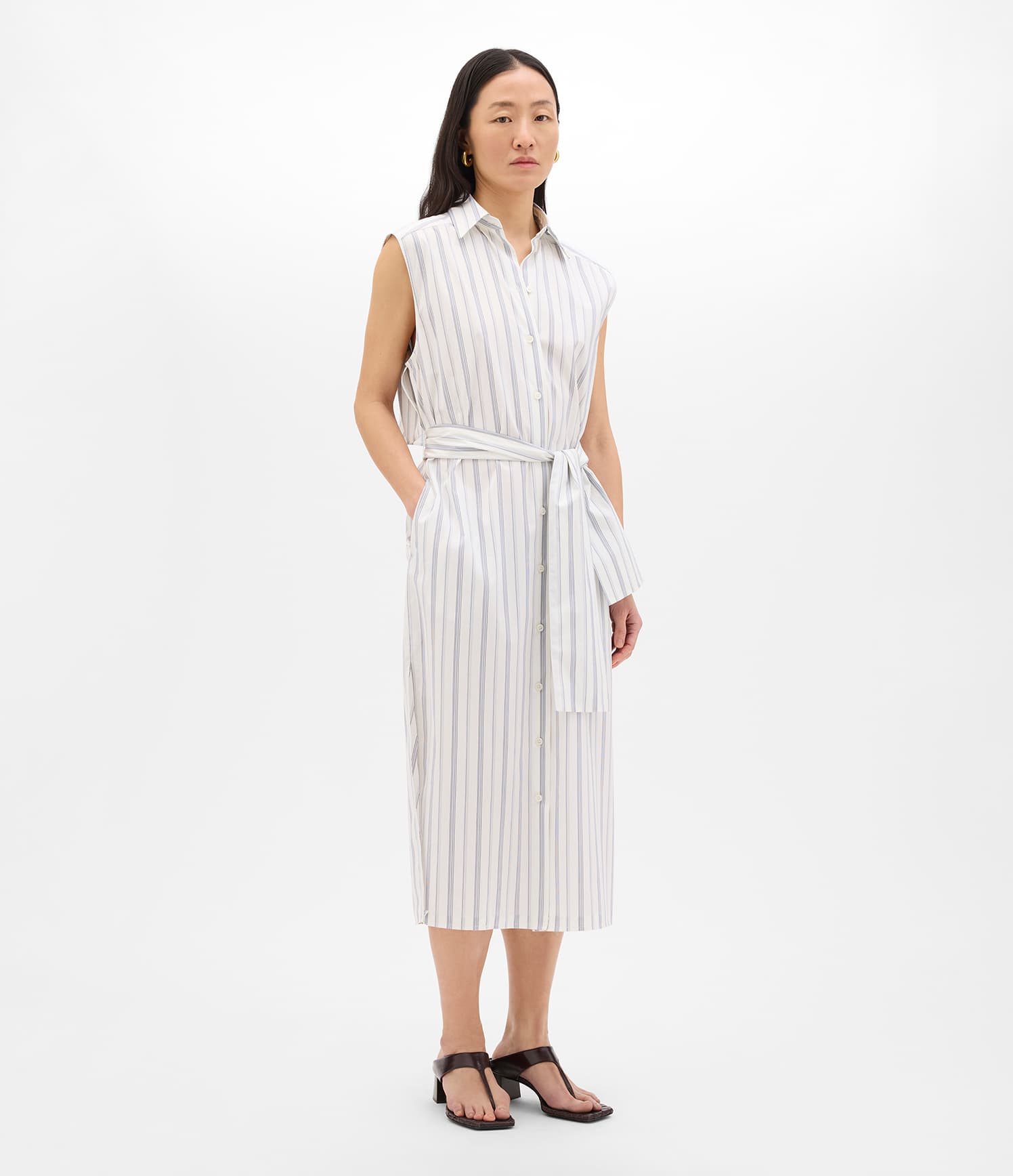 Sleeveless Pleat Back Tie Dress | White/Navy Stripe