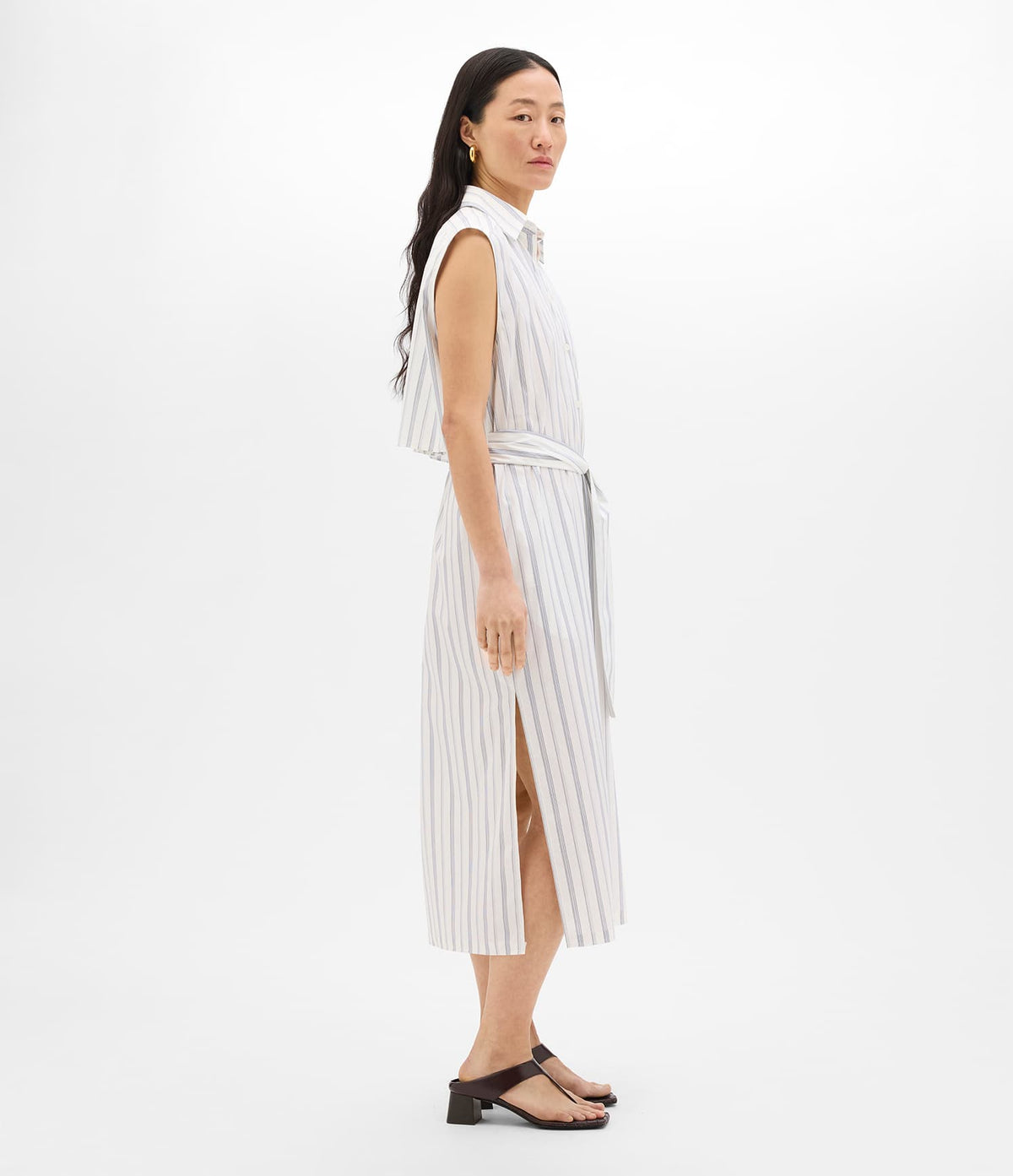 Sleeveless Pleat Back Tie Dress | White/Navy Stripe