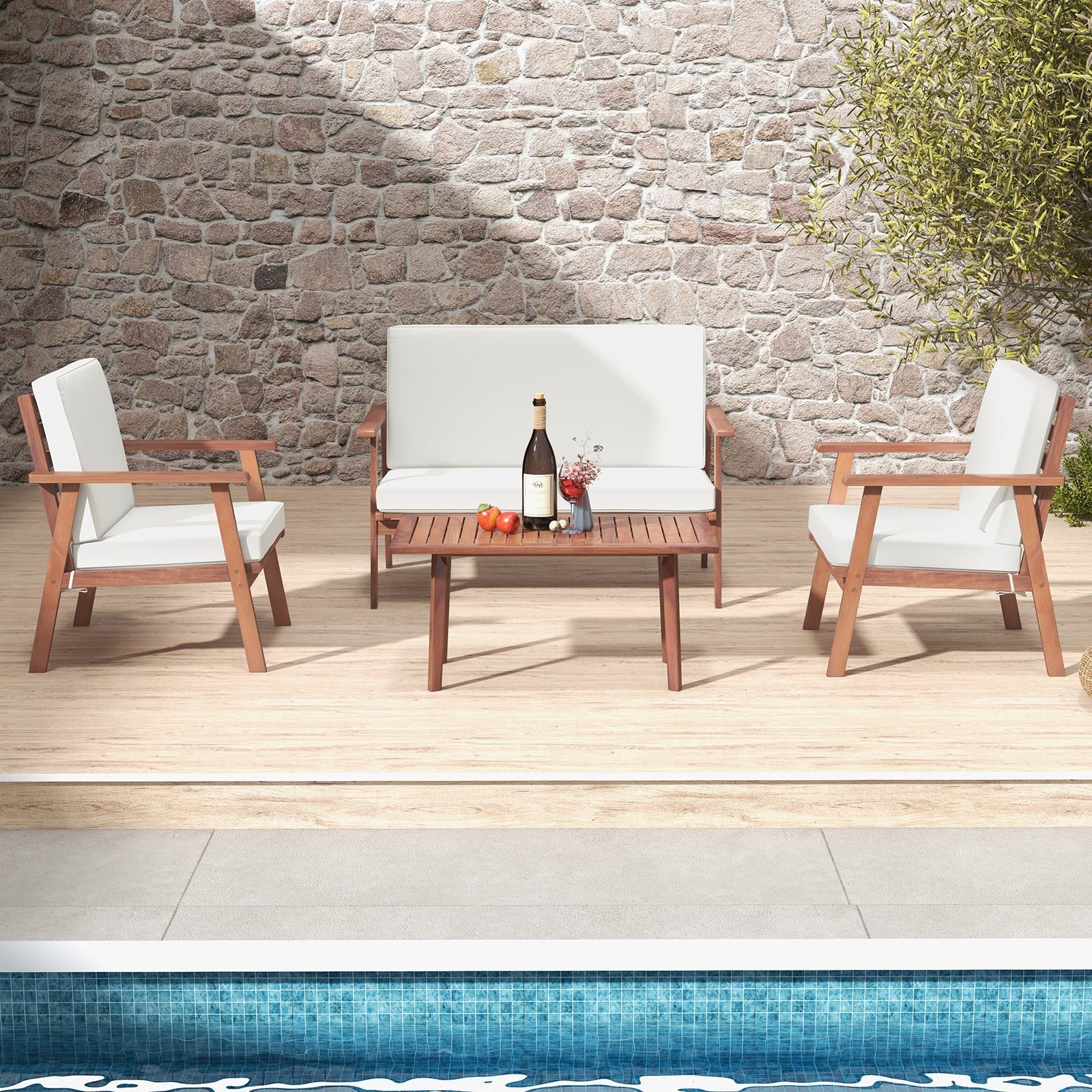 4 Piece Outdoor Acacia Wood Conversation Set with Soft Seat and Back Cushions