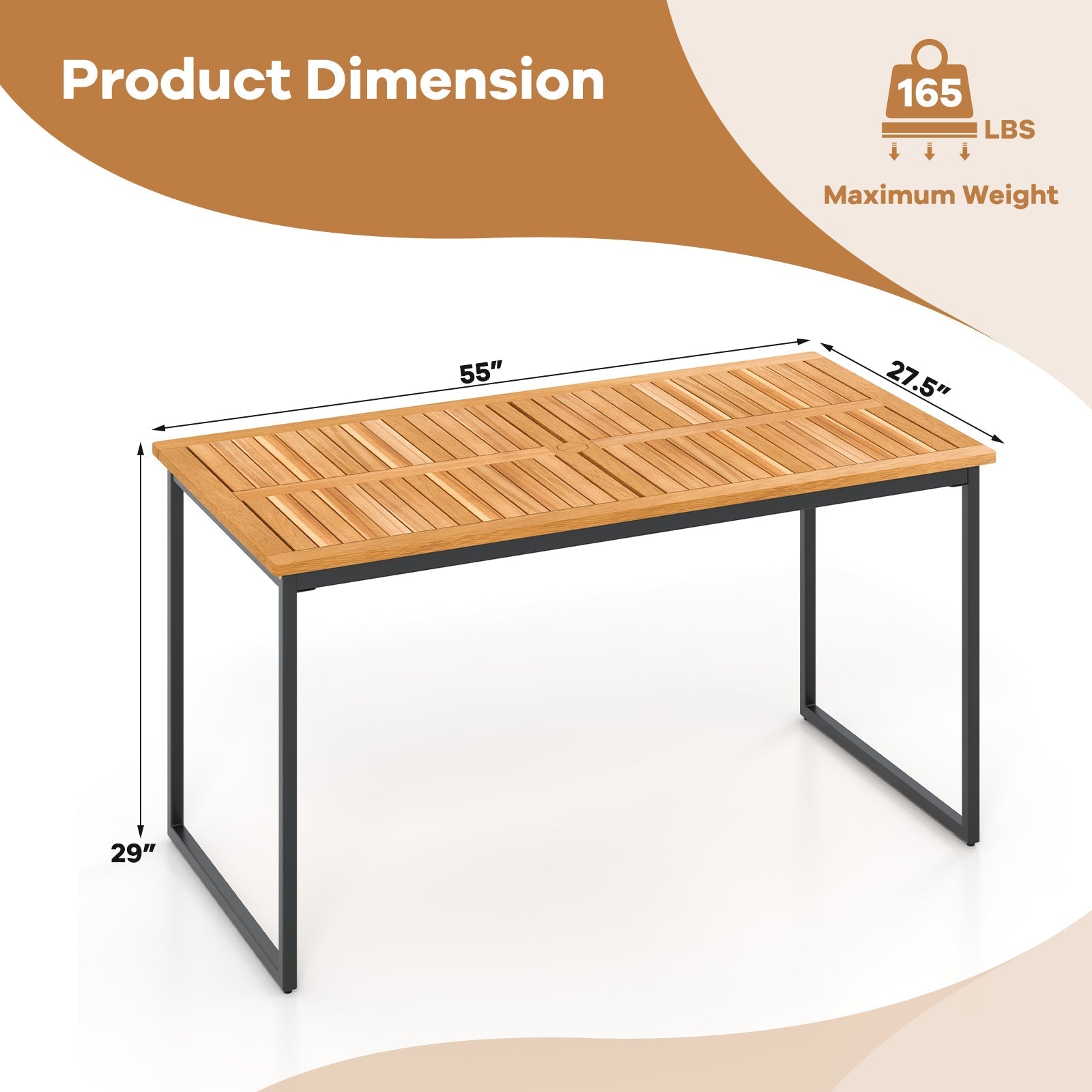 Acacia Wood Dining Table for 6 People with Slatted Tabletop and Umbrella Hole