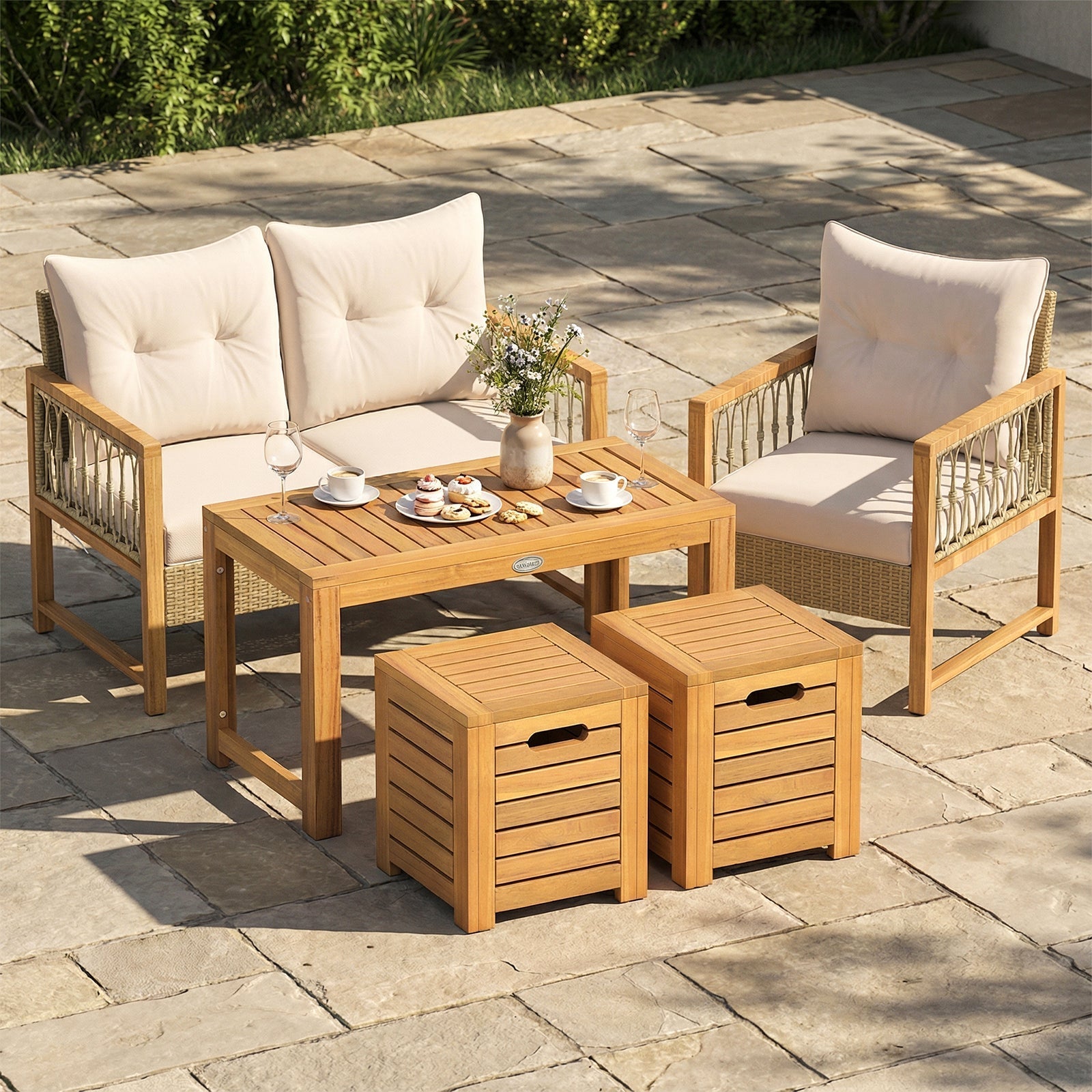 Acacia Wood Outdoor Coffee Table with Stools Set of 2 3 Pieces Patio Table and Stools Set