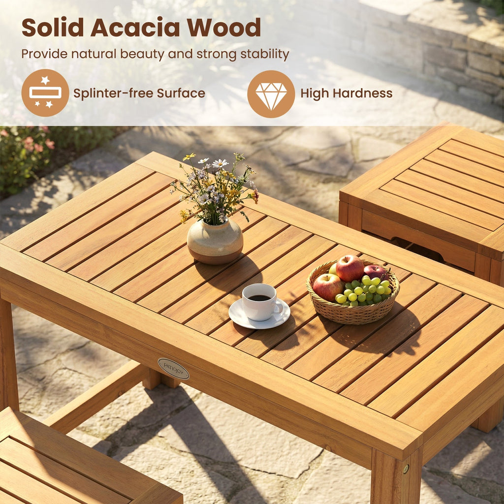 Acacia Wood Outdoor Coffee Table with Stools Set of 2 3 Pieces Patio Table and Stools Set
