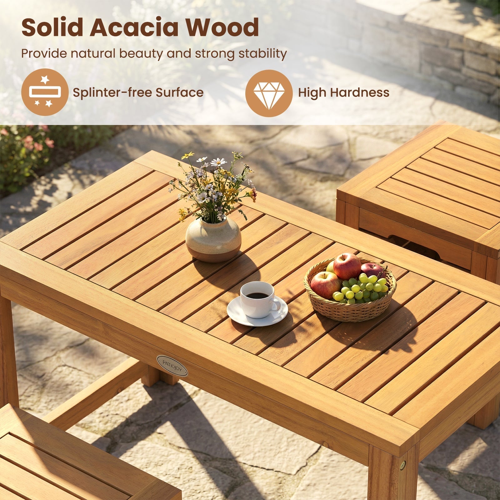 Acacia Wood Outdoor Coffee Table with Stools Set of 2 3 Pieces Patio Table and Stools Set