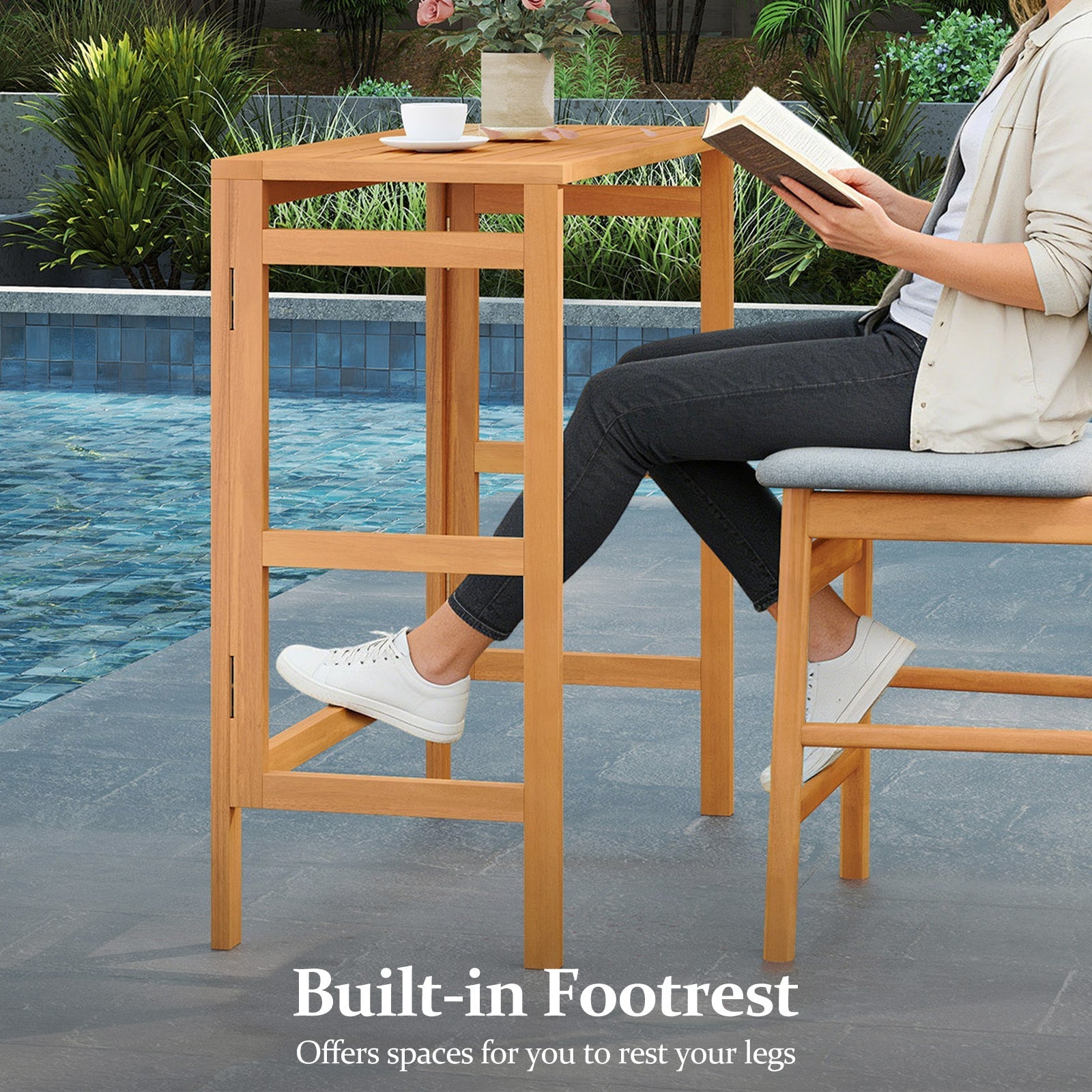 Acacia Wood Outdoor Bar Table with Slatted Tabletop for Balcony