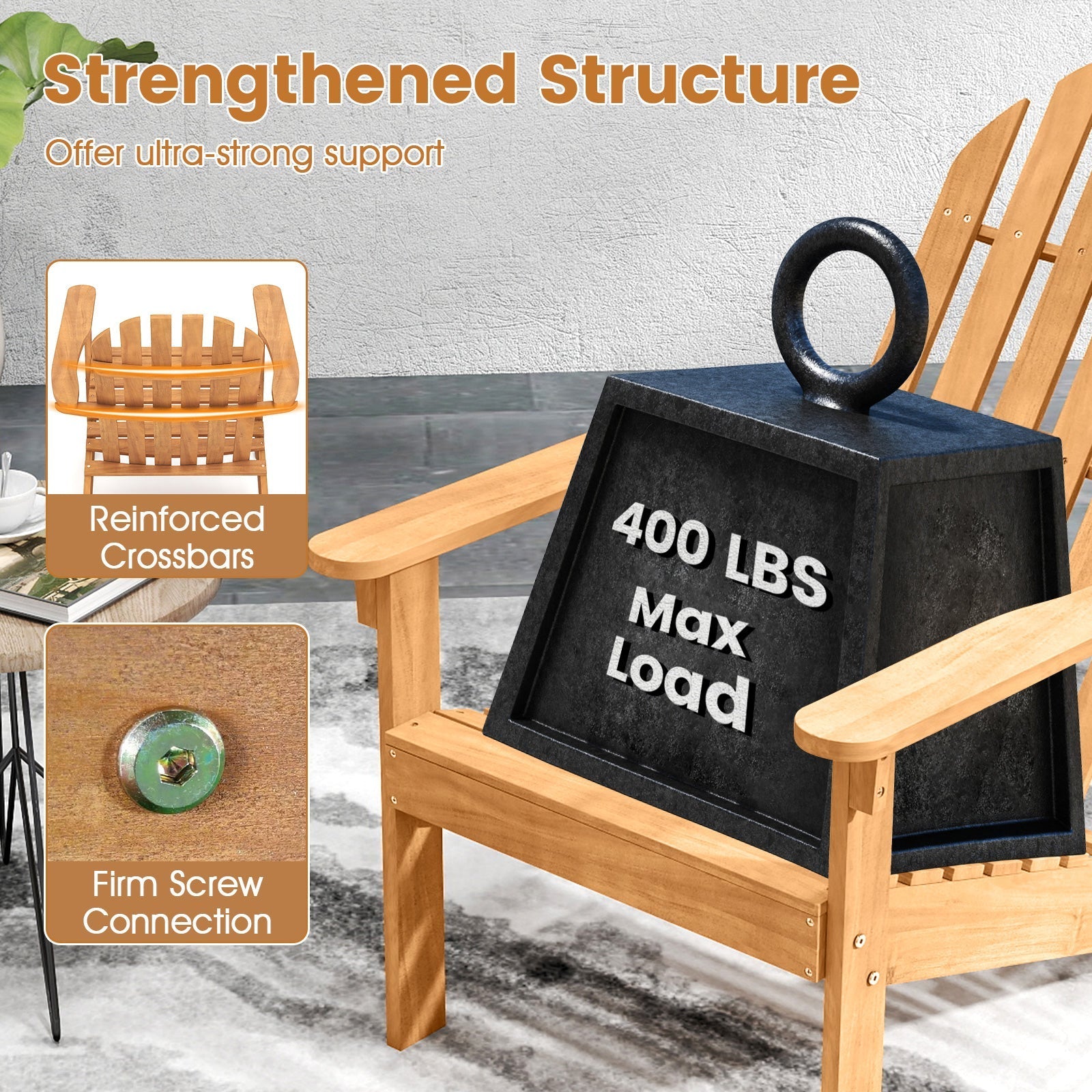 Acacia Wood Patio Adirondack Chair with Inclined Seat and High Backrest for Porch Poolside-Natural