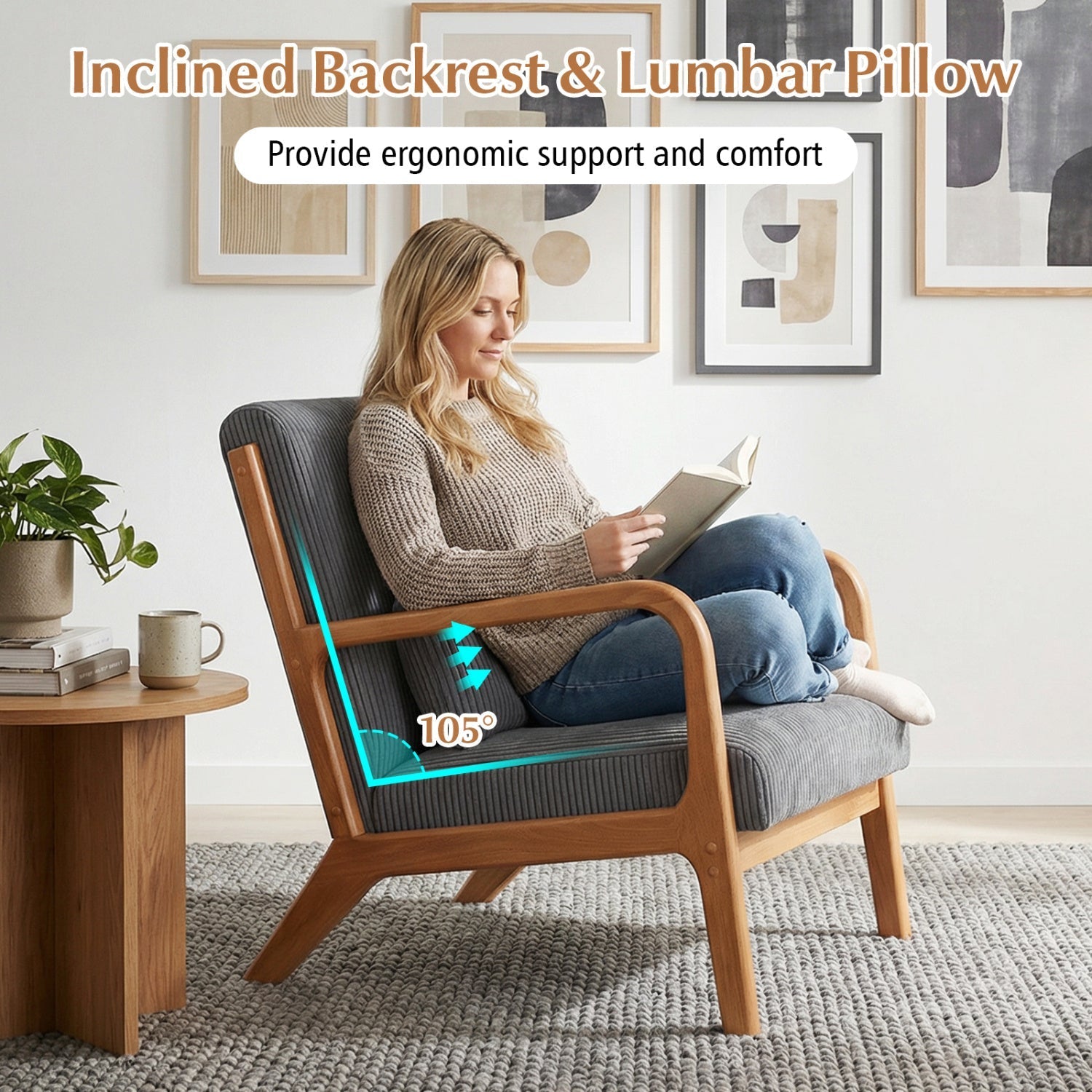 Accent Chair Corduroy Upholstered Lounge Chair with Lumbar Pillow