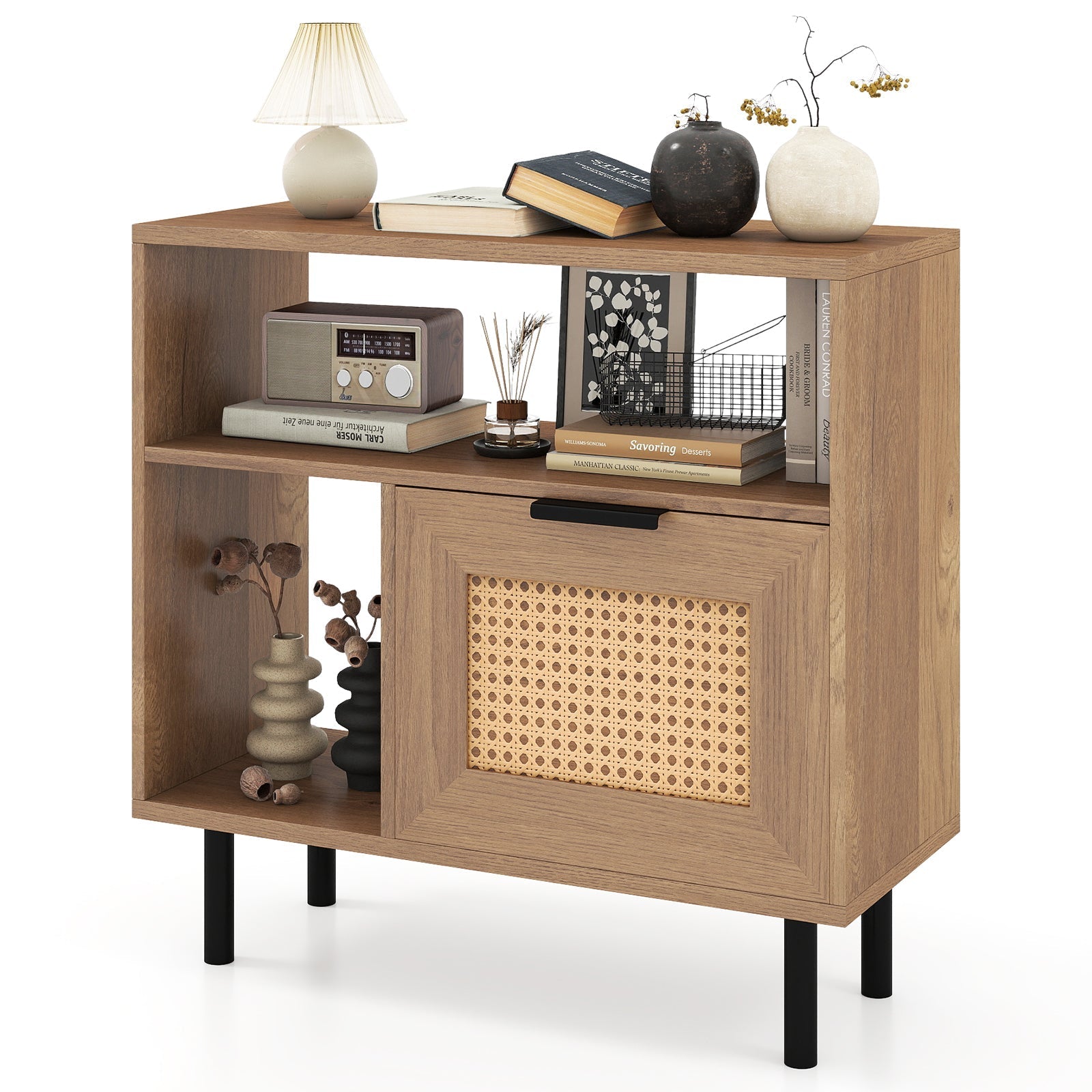Accent Side End Table with Storage Shelf and Cabinet for Small Space-Natural