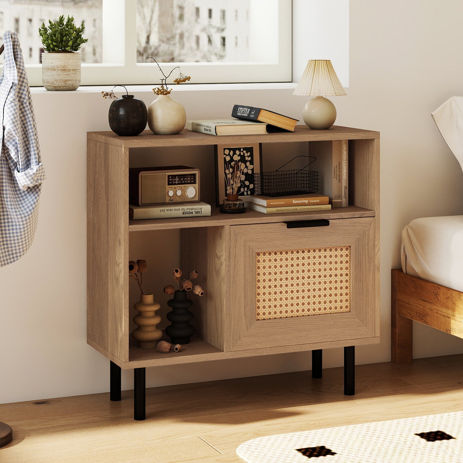 Accent Side End Table with Storage Shelf and Cabinet for Small Space-Natural