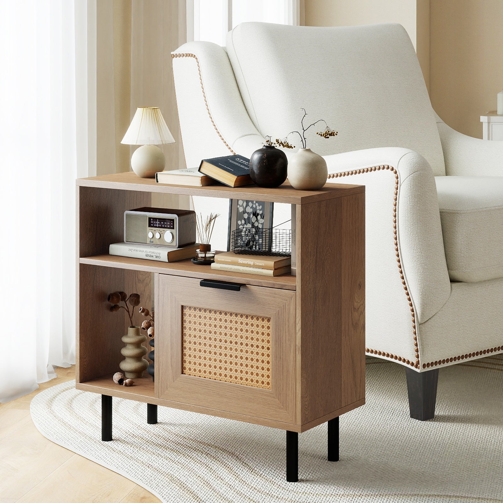 Accent Side End Table with Storage Shelf and Cabinet for Small Space-Natural