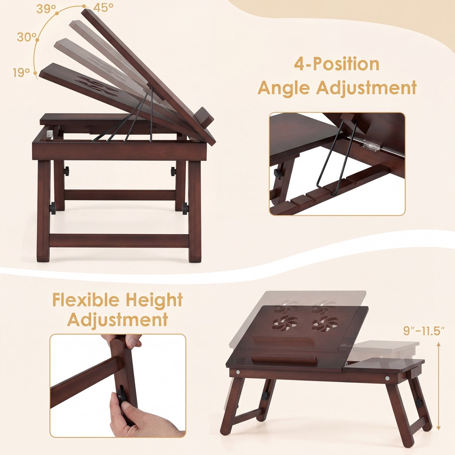 Adjustable Bamboo Laptop Desk with Tilting Top