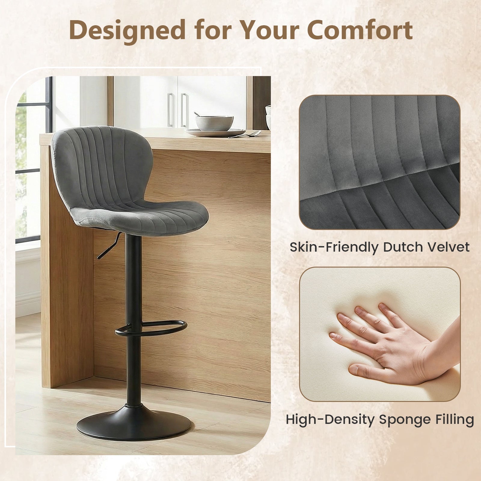 Adjustable Counter Height Chairs Set of 2 with Velvet Upholstered Backrests