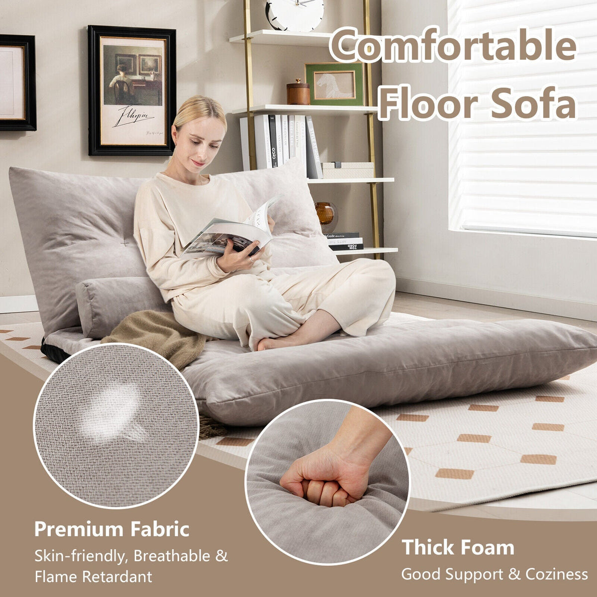 Adjustable Floor Sofa Bed with 2 Lumbar Pillows