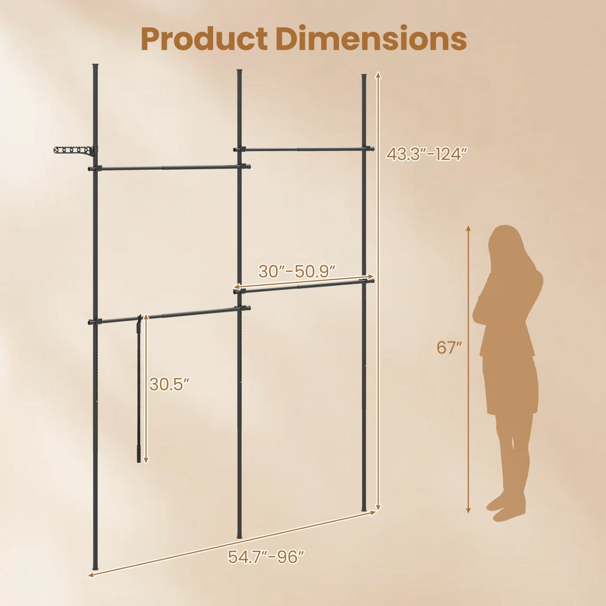 Floor to Ceiling Clothes Rack with 4 Adjustable Hanging Rods