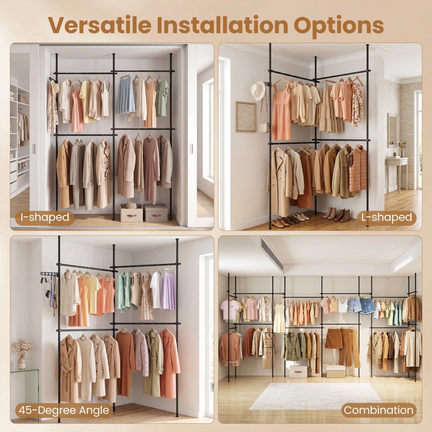 Floor to Ceiling Clothes Rack with 4 Adjustable Hanging Rods