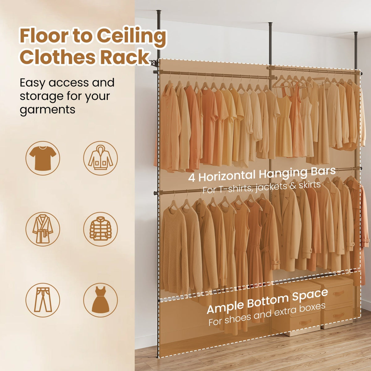 Floor to Ceiling Clothes Rack with 4 Adjustable Hanging Rods