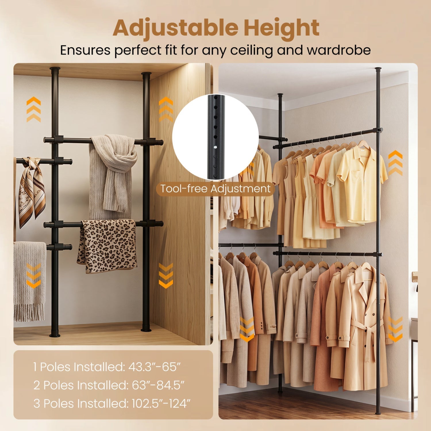 Floor to Ceiling Clothes Rack with 4 Adjustable Hanging Rods