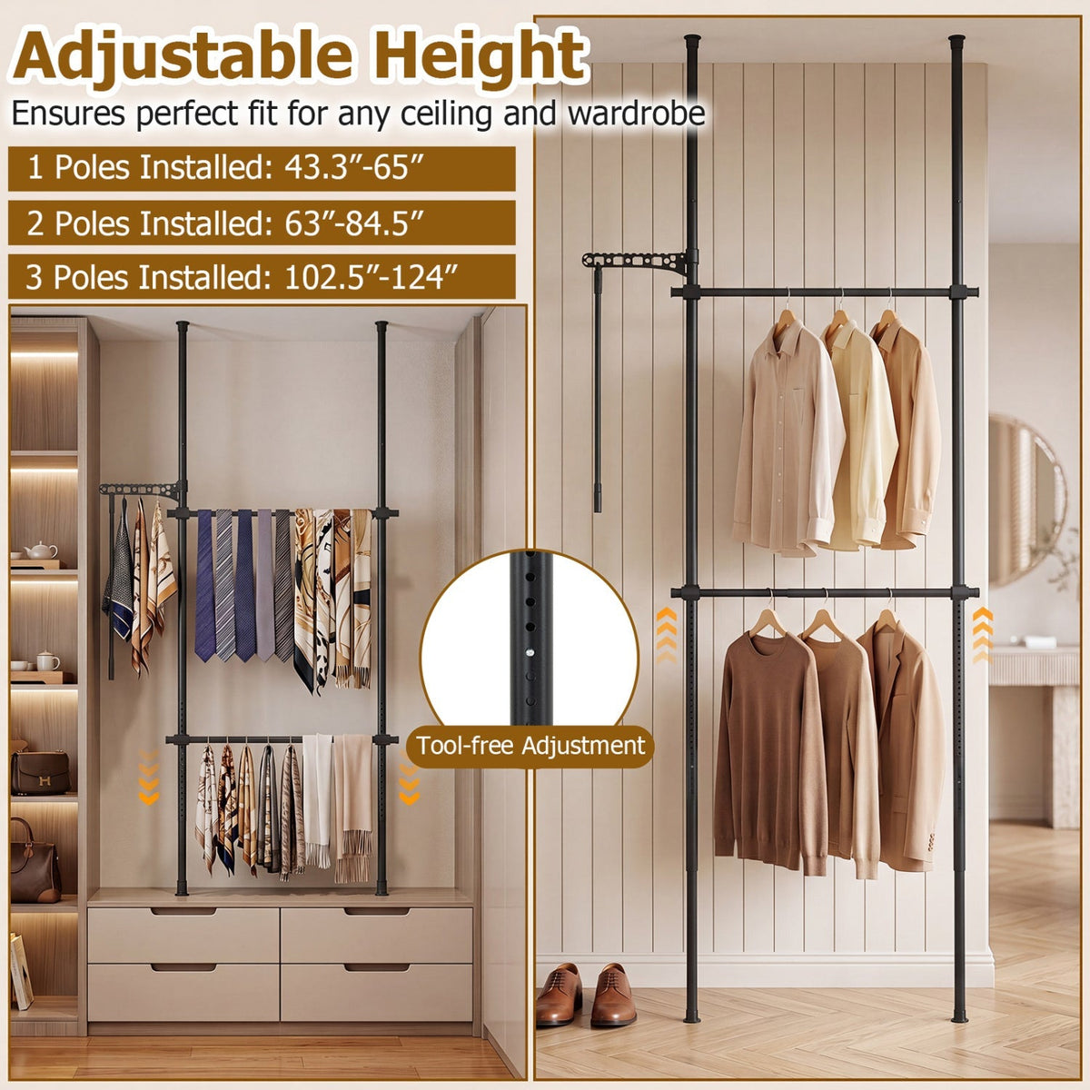Floor to Ceiling Clothes Rack with 2 Hanging Rods - Adjustable