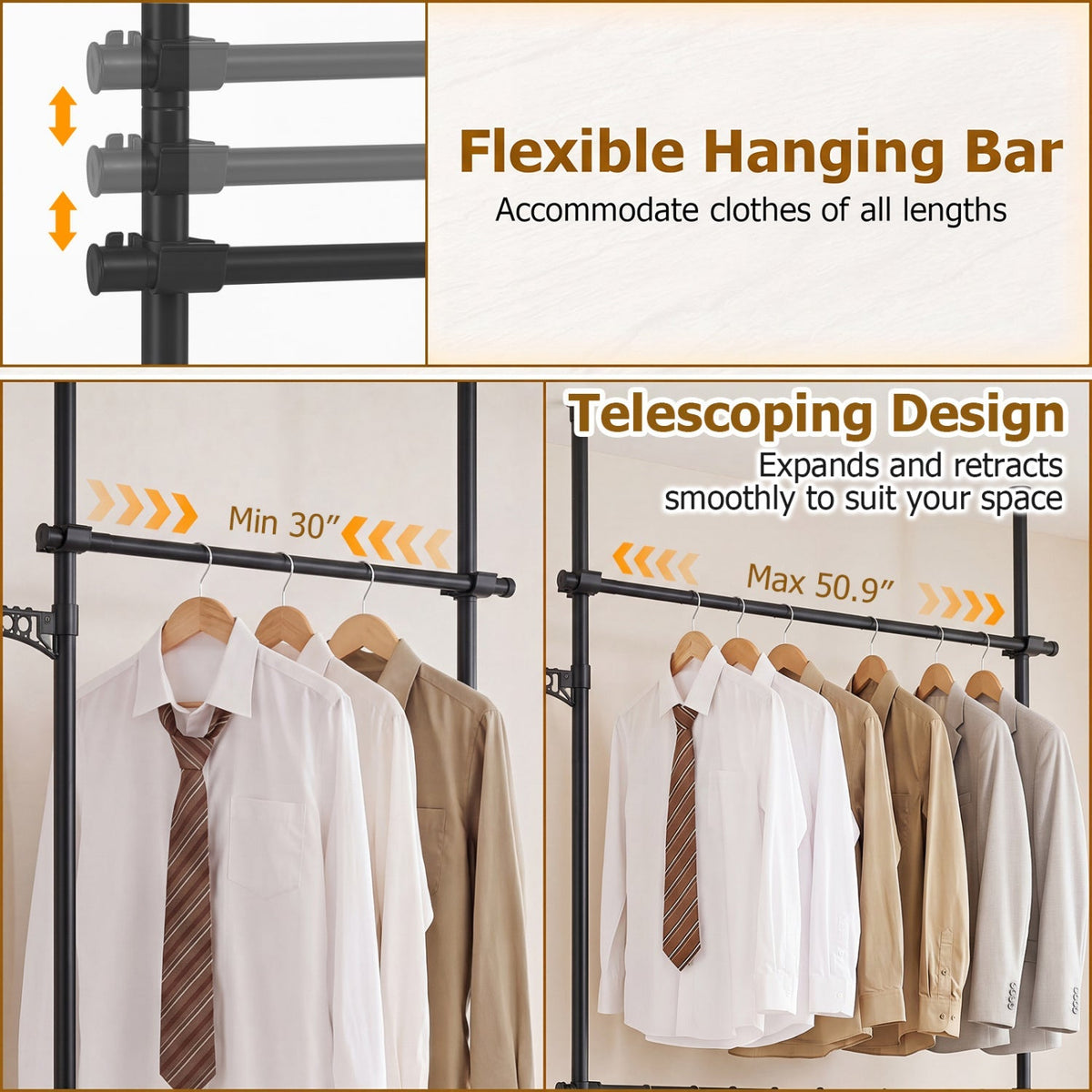 Floor to Ceiling Clothes Rack with 2 Hanging Rods - Adjustable