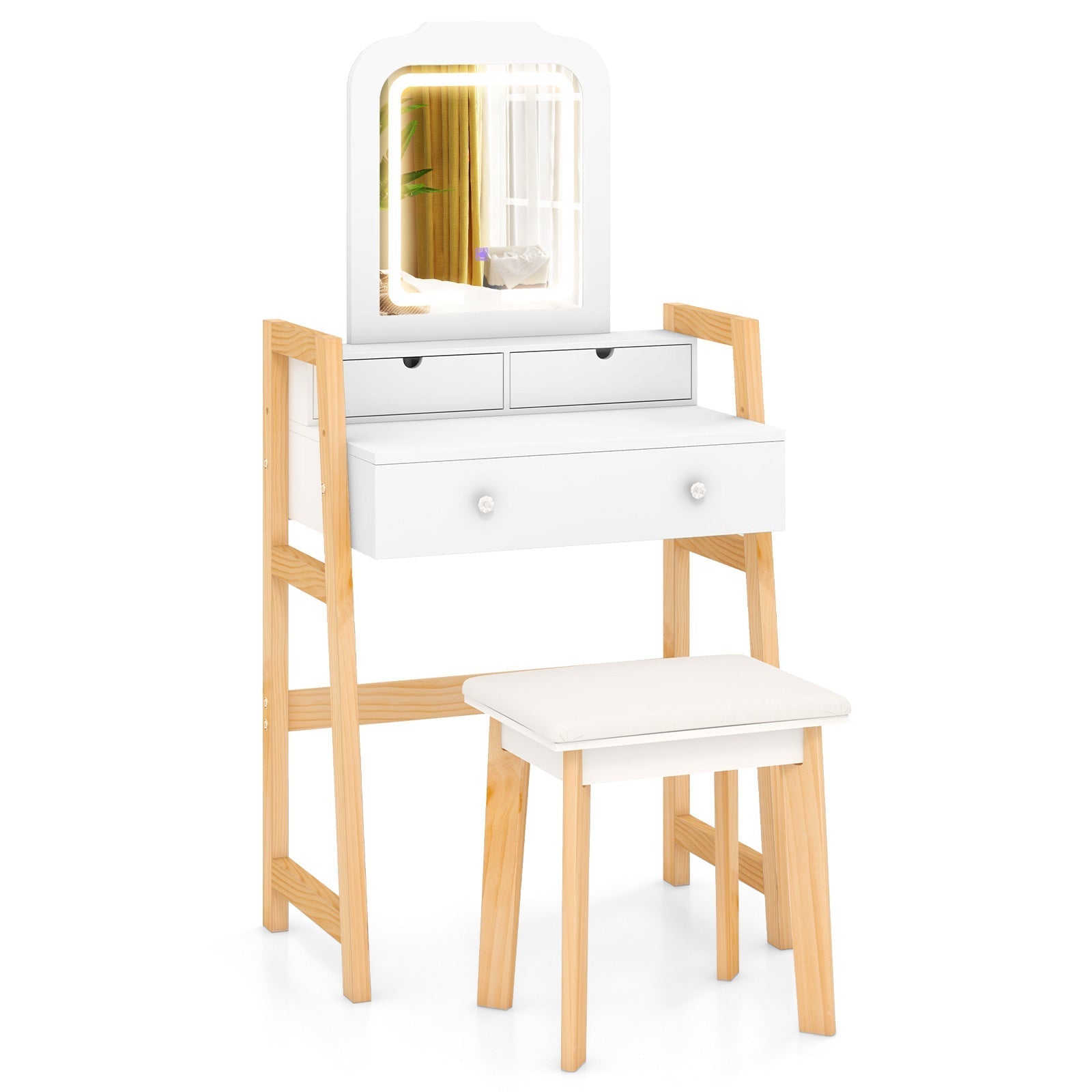 Adjustable Height Vanity Desk Set with 3-Color LED Lighted Mirror and Drawers-White