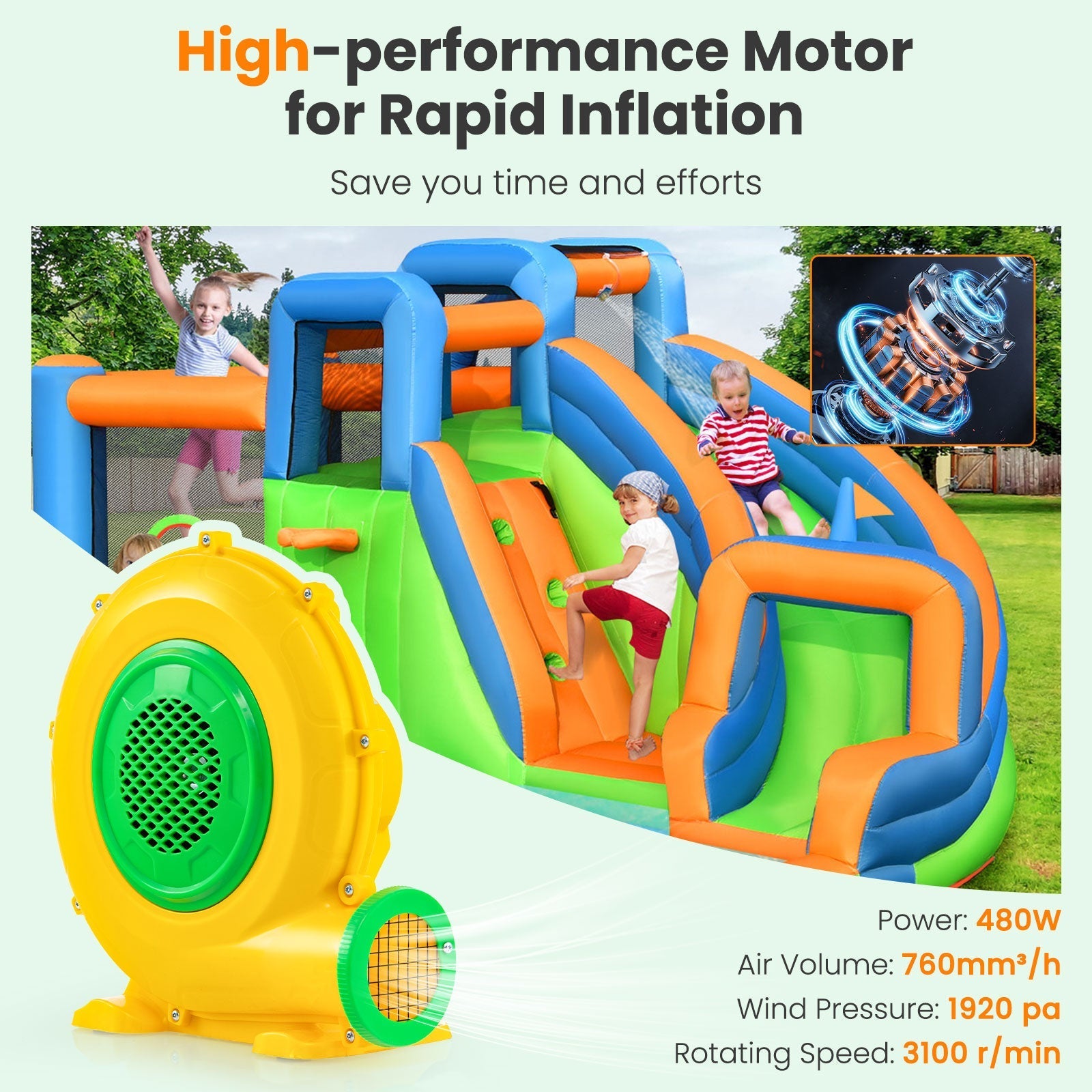 480W Air Blower Air Pump Fan with Convenient Handle and Ground Stakes