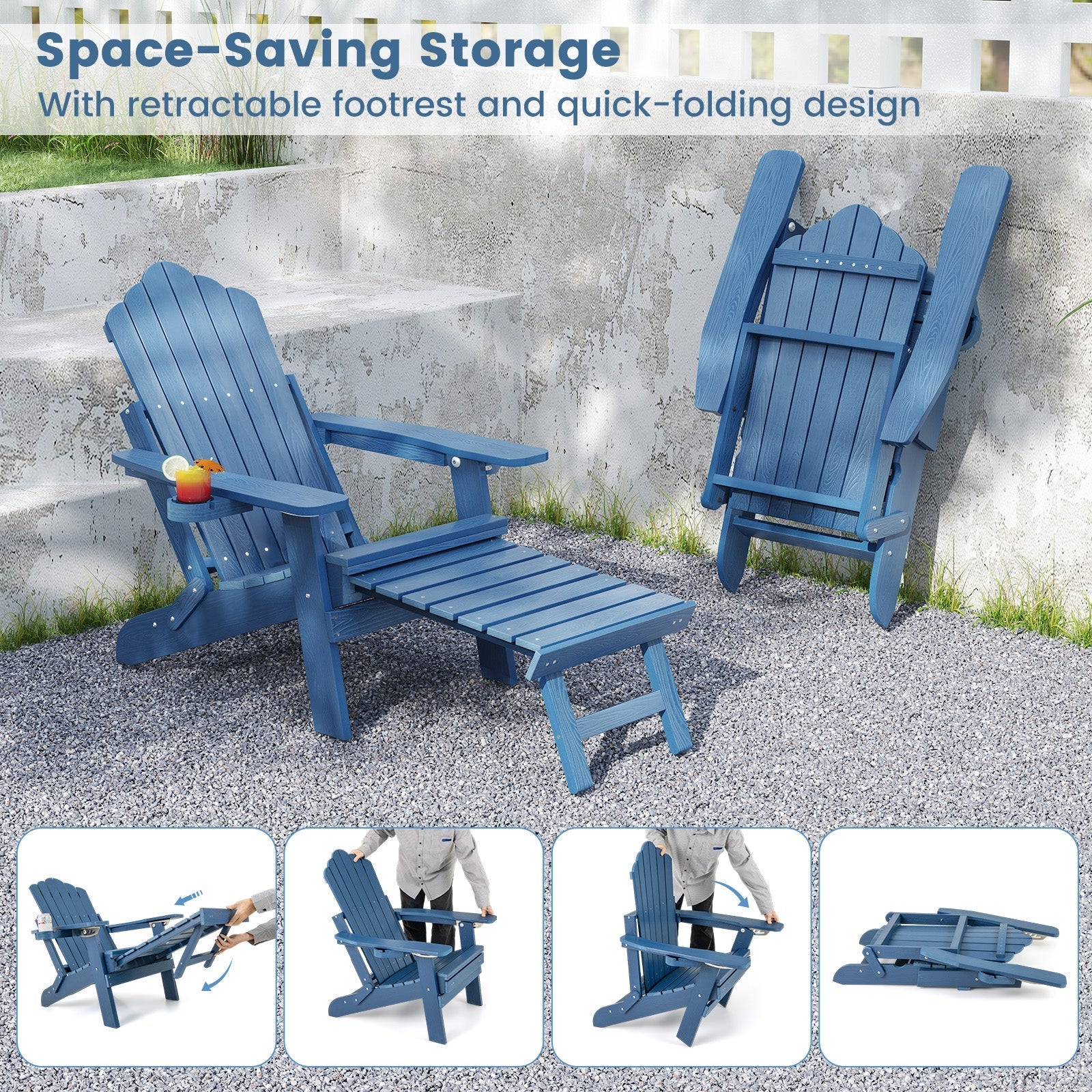 All-Weather HIPS Patio Adirondack Lounge Chair with Retractable Footrest