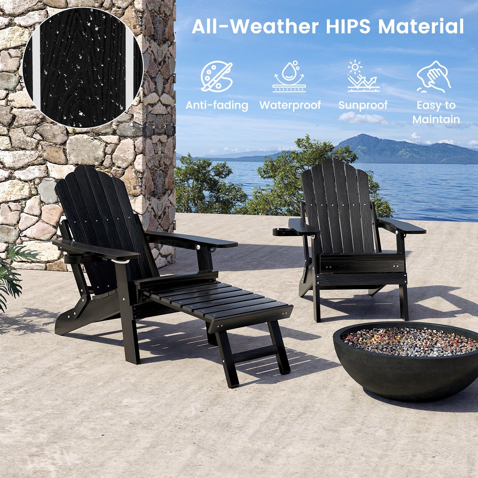 All-Weather HIPS Patio Adirondack Lounge Chair with Retractable Footrest